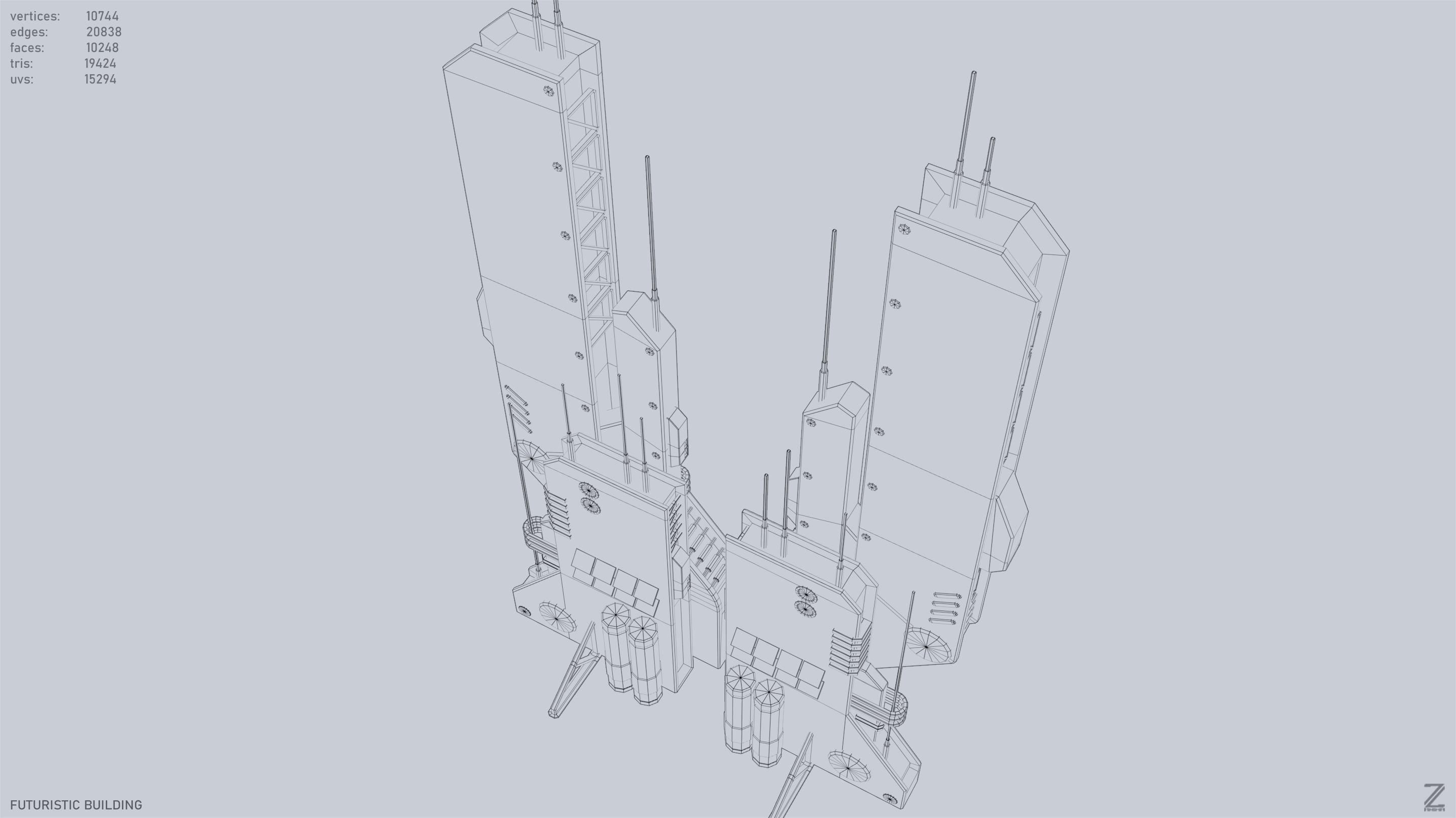 Futuristic building Low-poly 3D model_13