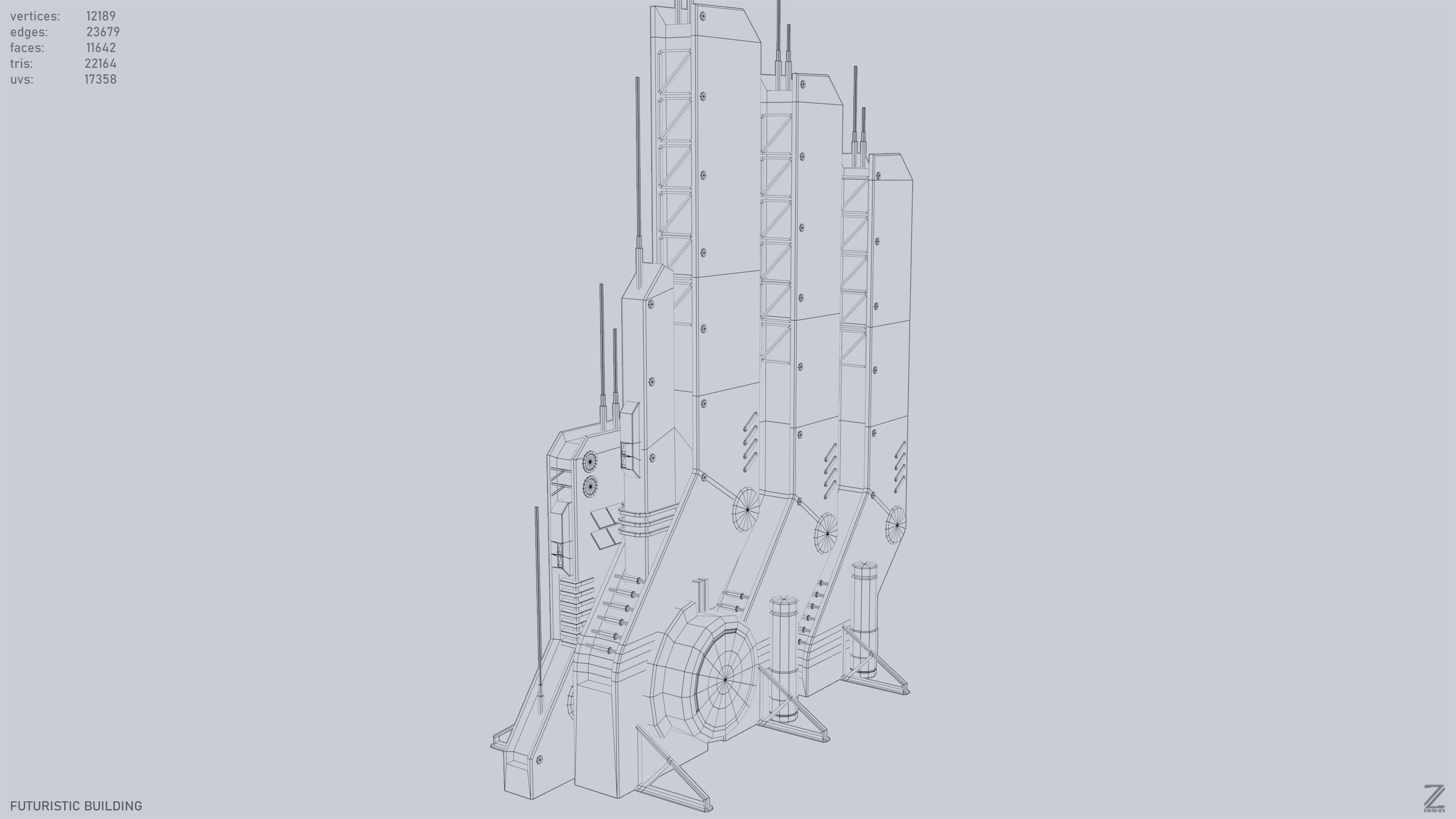 Futuristic building Low-poly 3D model_11