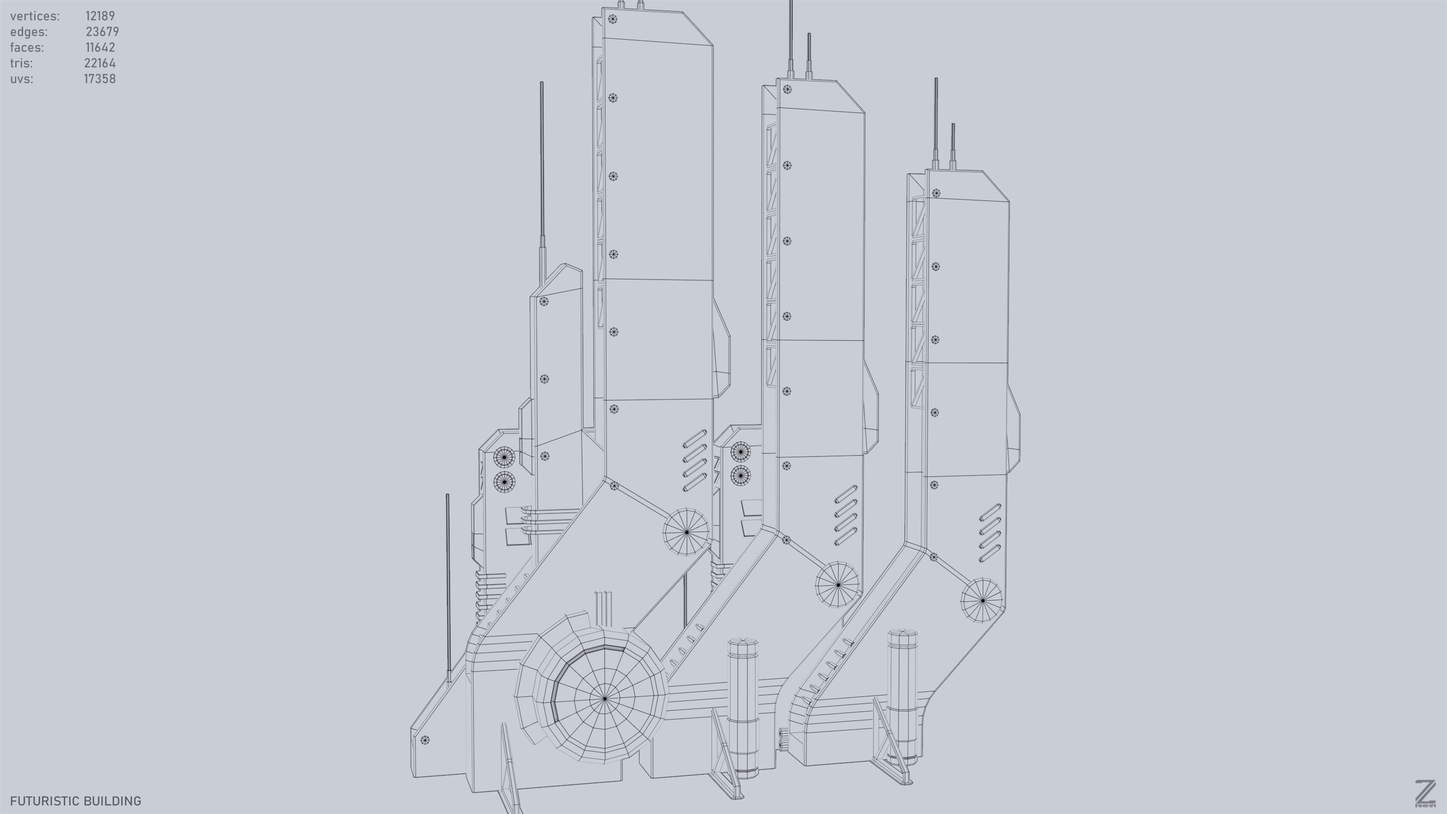 Futuristic building Low-poly 3D model_12