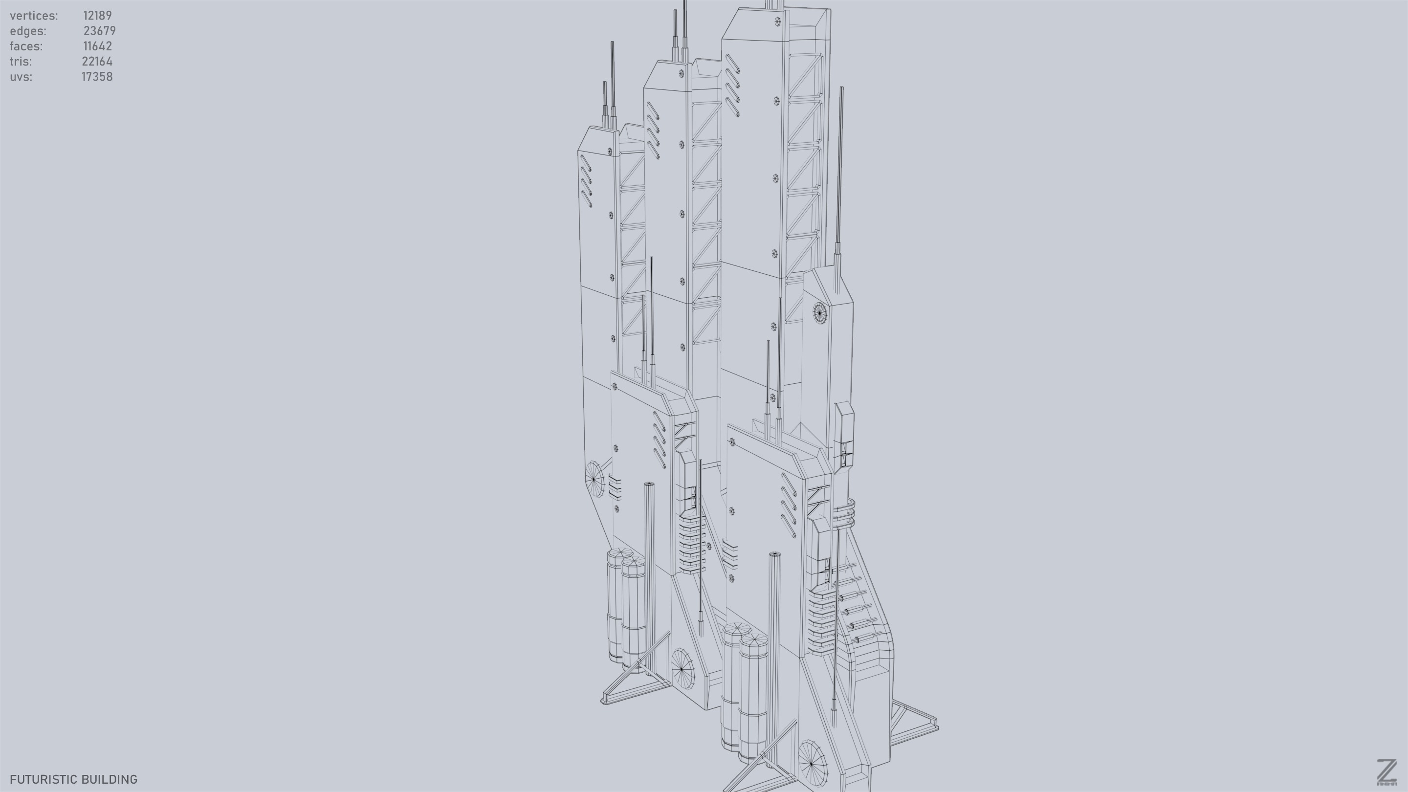 Futuristic building Low-poly 3D model_10