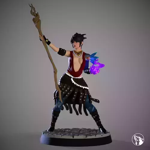 Morrigan statue of woman holding wand