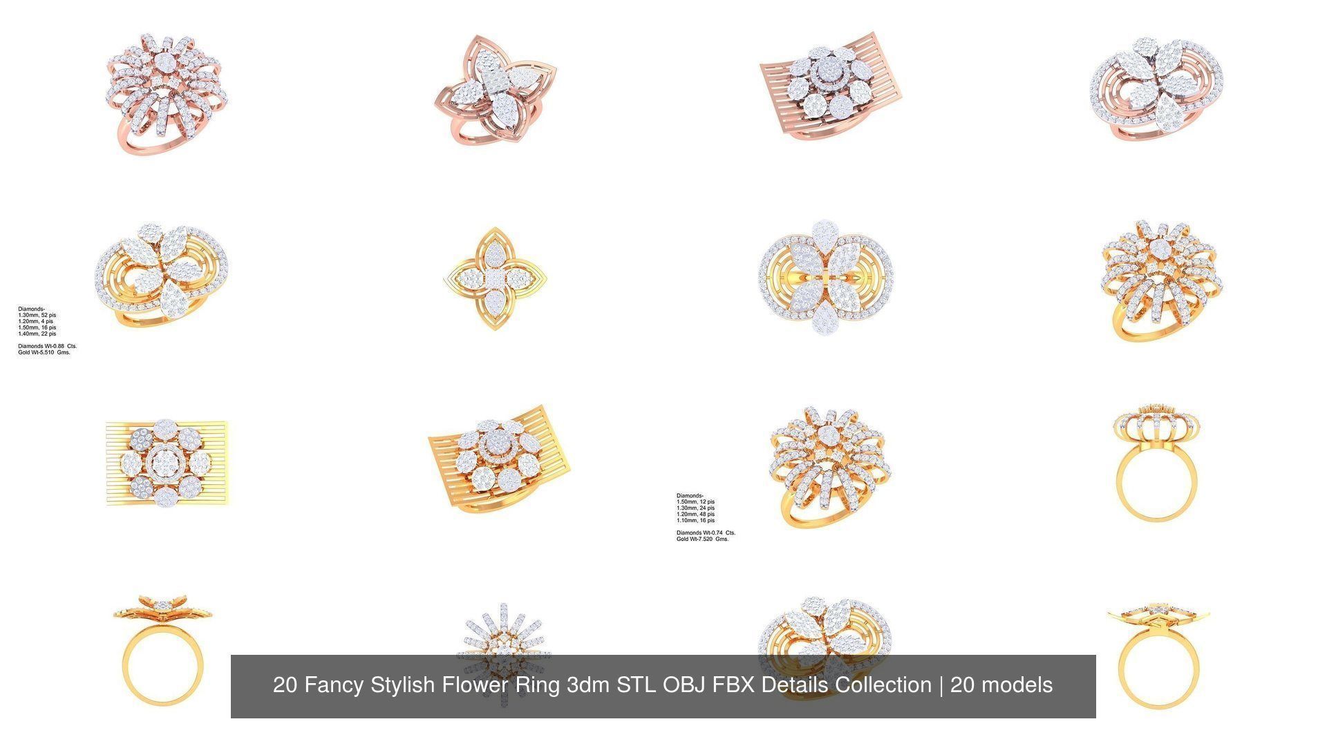 20 Fancy Stylish Flower Ring 3dm STL OBJ FBX Details Collection _2