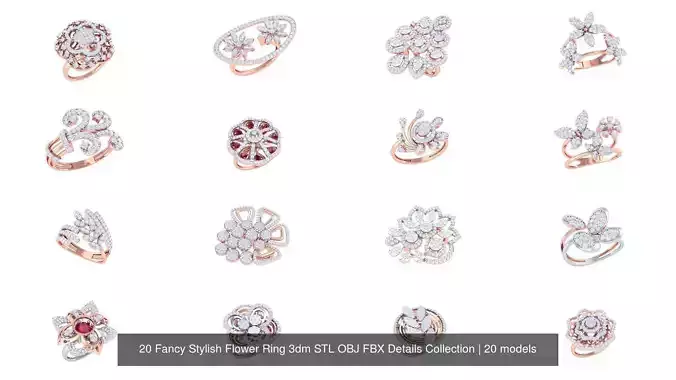 20 Fancy Stylish Flower Ring 3dm STL OBJ FBX Details Collection 