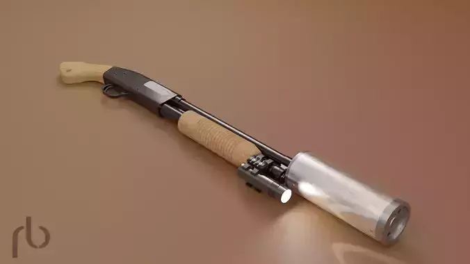 sawed off shotgun Mossberg 500 with silencer and flashlight