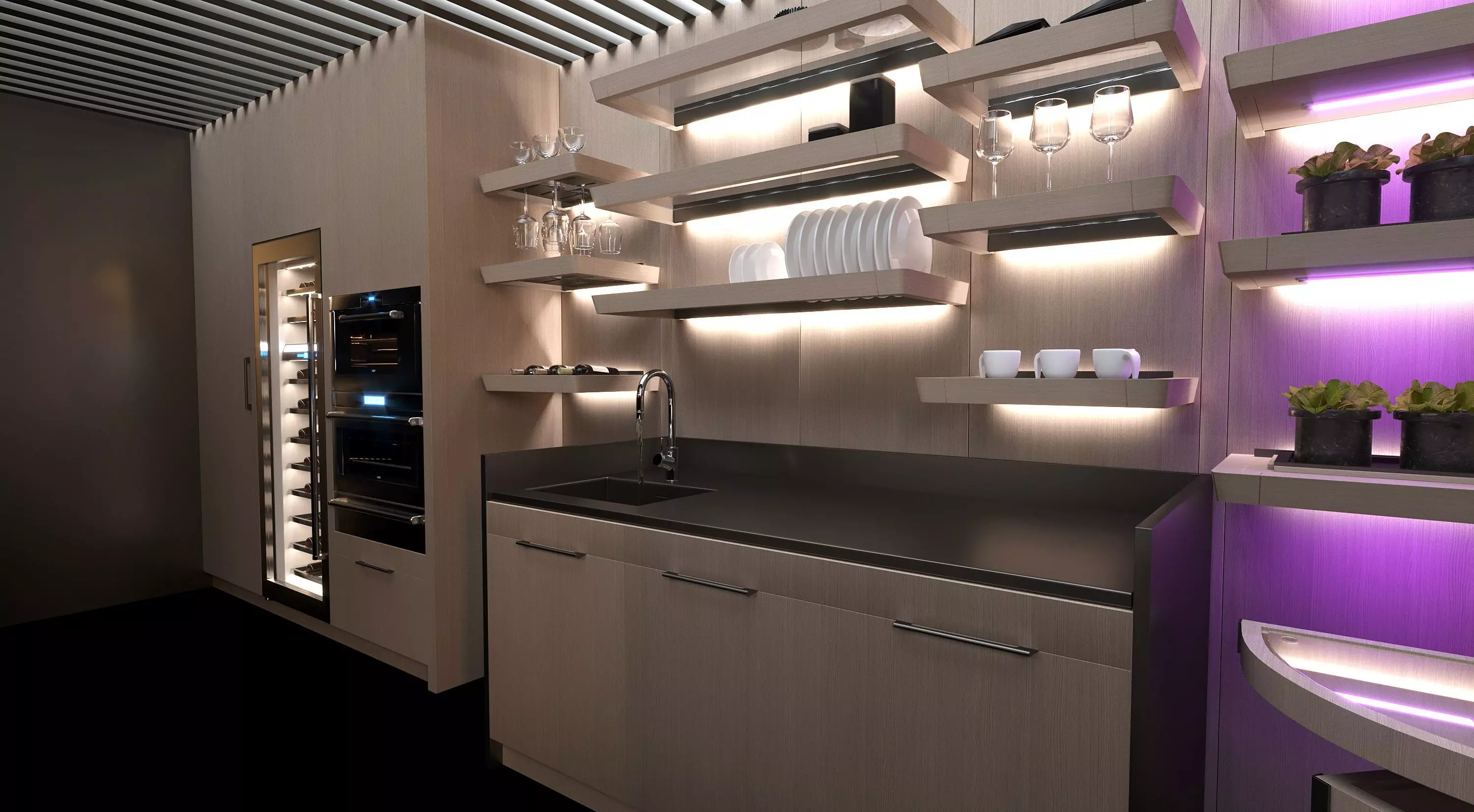 Kitchen with lighting and shelves 3D model
