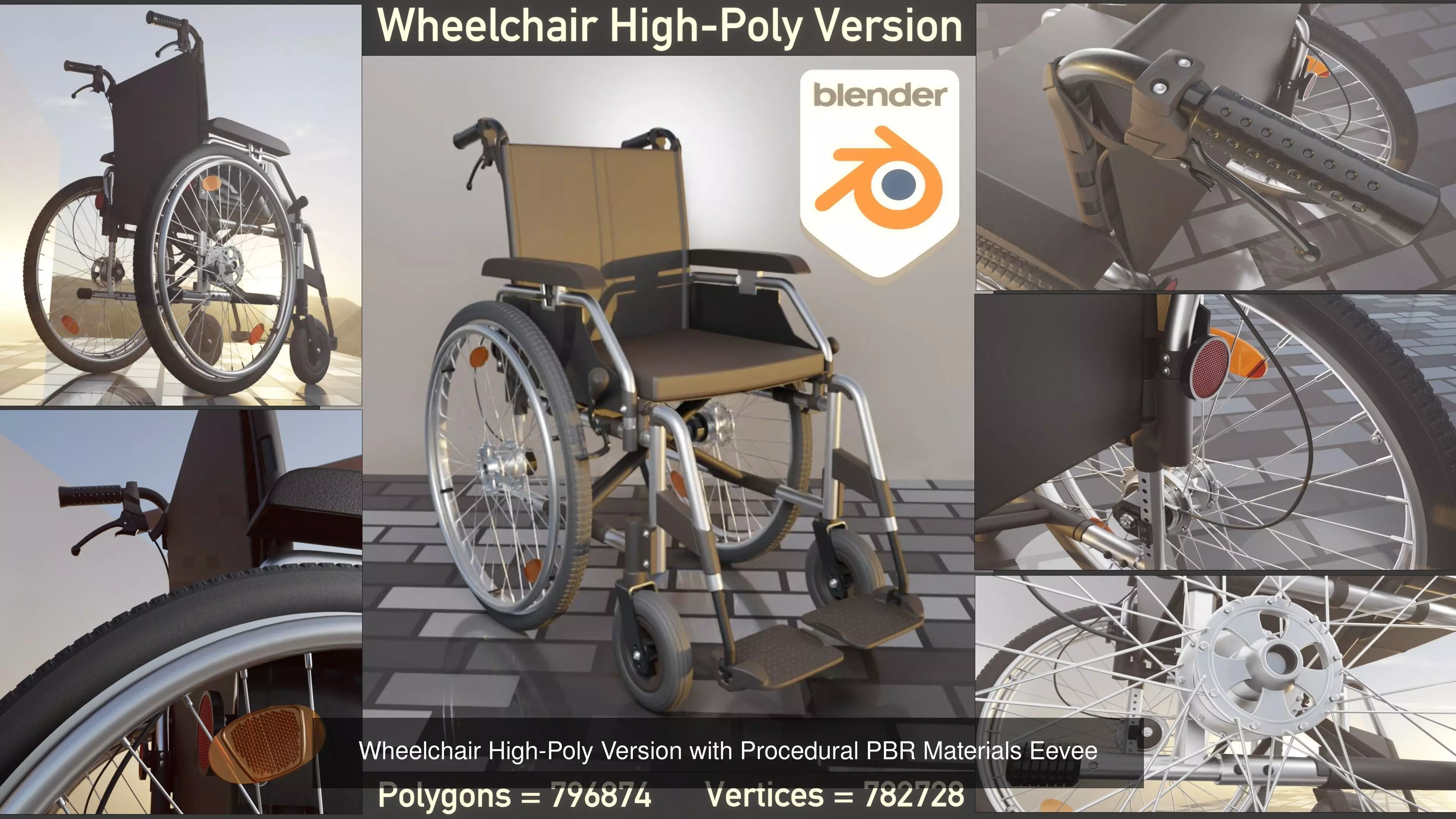 High-Poly Wheelchair with Parts and Procedural PBR Materials 3D Model Collection_0