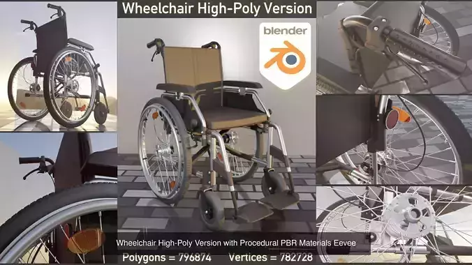 High-Poly Wheelchair with Parts and Procedural PBR Materials 3D Model Collection