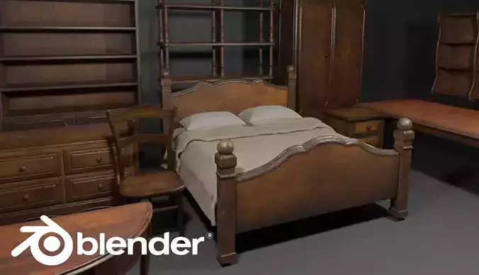 Classic Wooden Furniture Set Low-poly 3D model