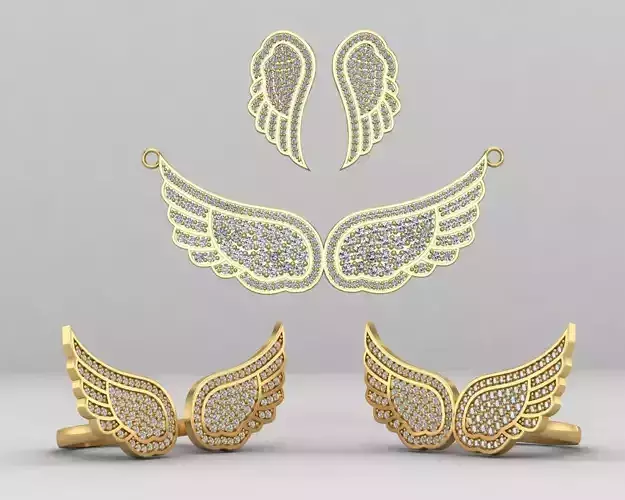 wings set jewelry 62-MHSC two gold wing earrings with diamonds 3D Model Collection