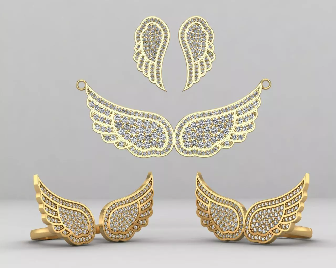 wings set jewelry 62-MHSC two gold wing earrings with diamonds 3D Model Pack