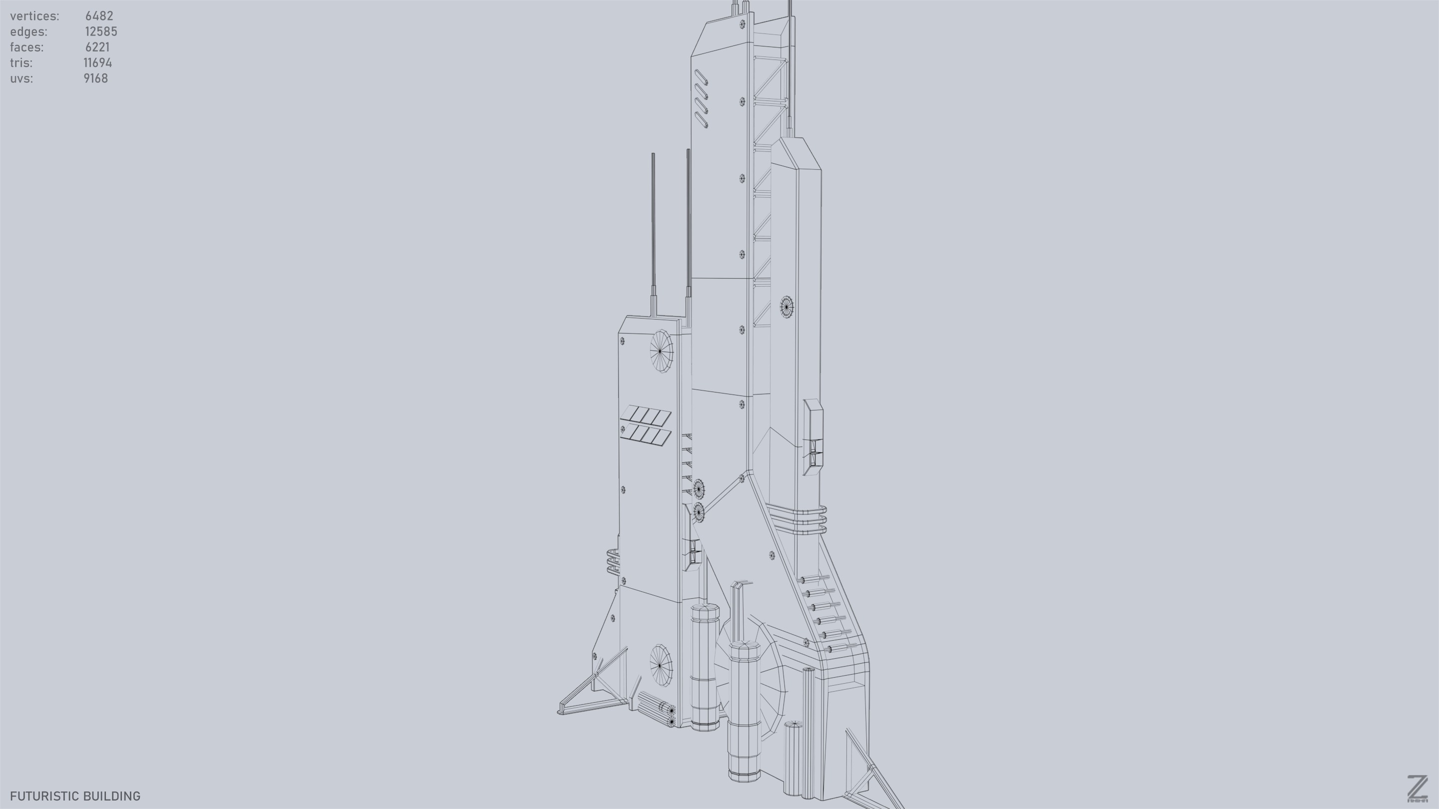 Futuristic building Low-poly 3D model_10