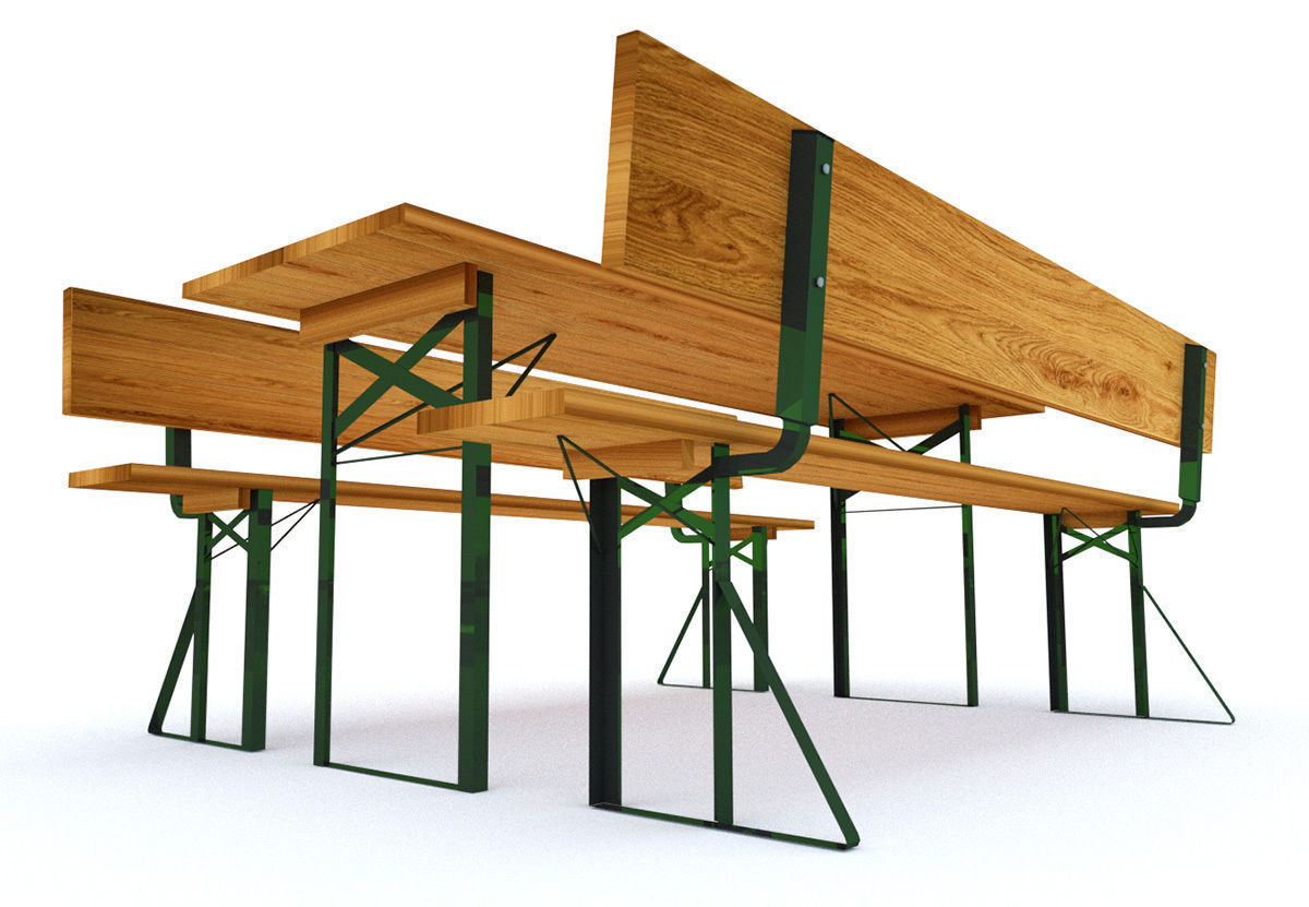 Party set - table and two benches with backrest 3D model_6
