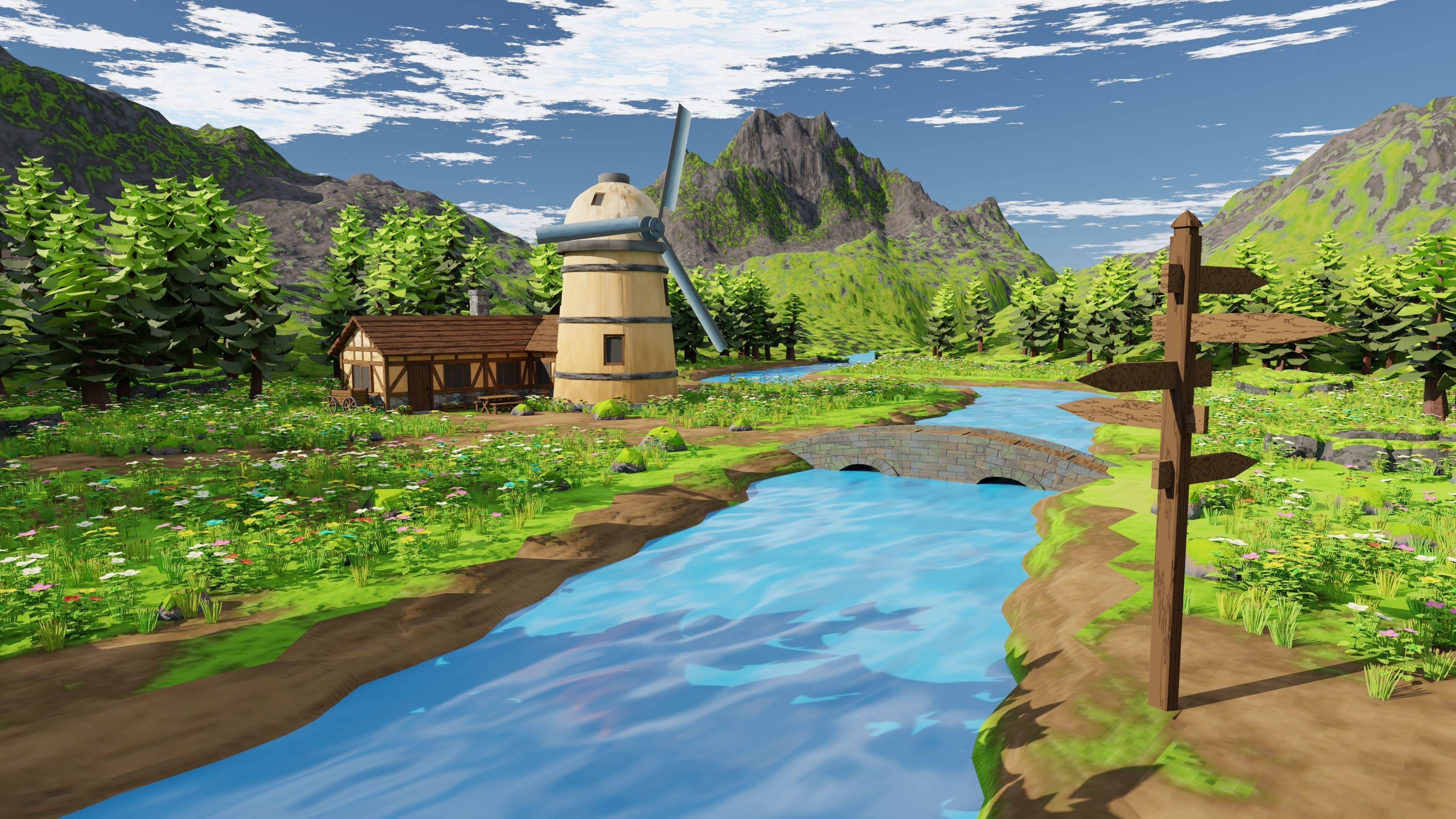 Countryside House Mill Near River 3D model_10