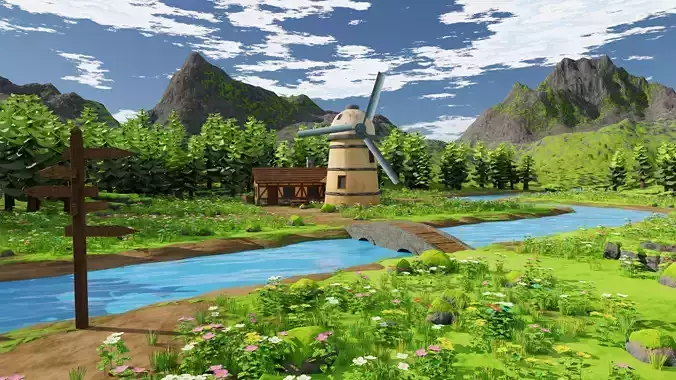 Countryside House Mill Near River 3D model