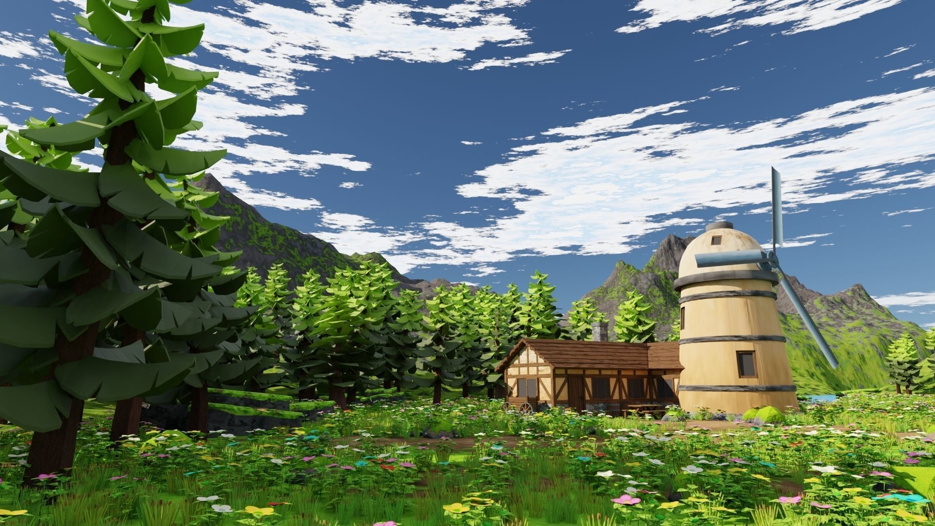 Countryside House Mill Near River 3D model_9