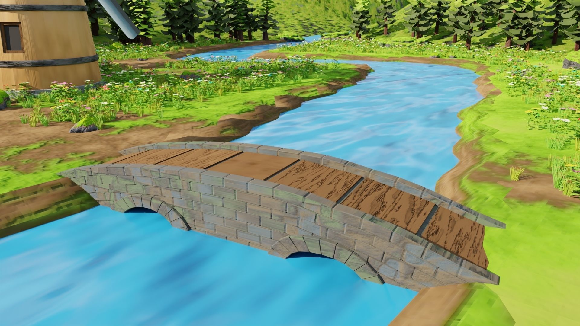 Countryside House Mill Near River 3D model_4