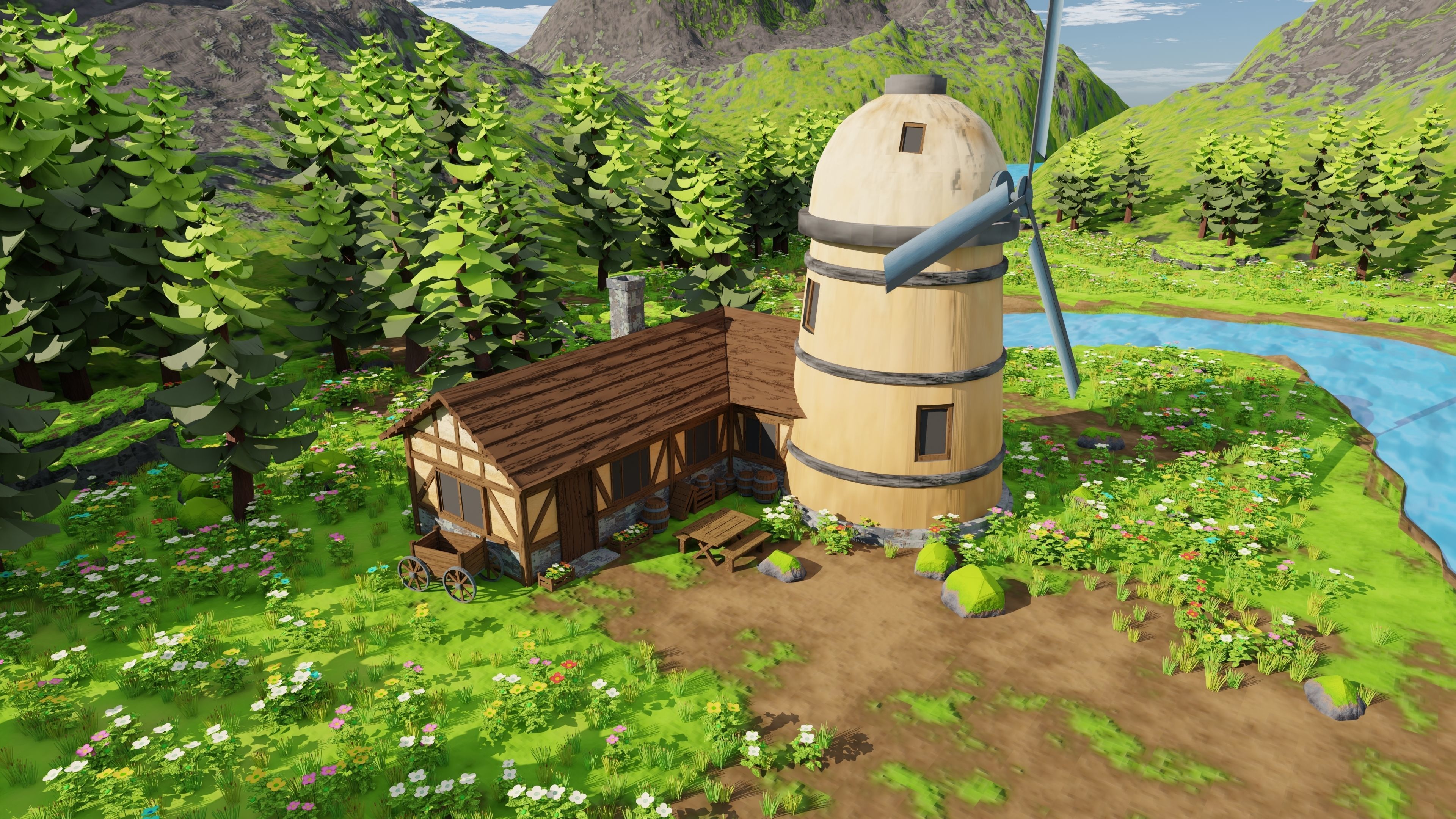 Countryside House Mill Near River 3D model_20