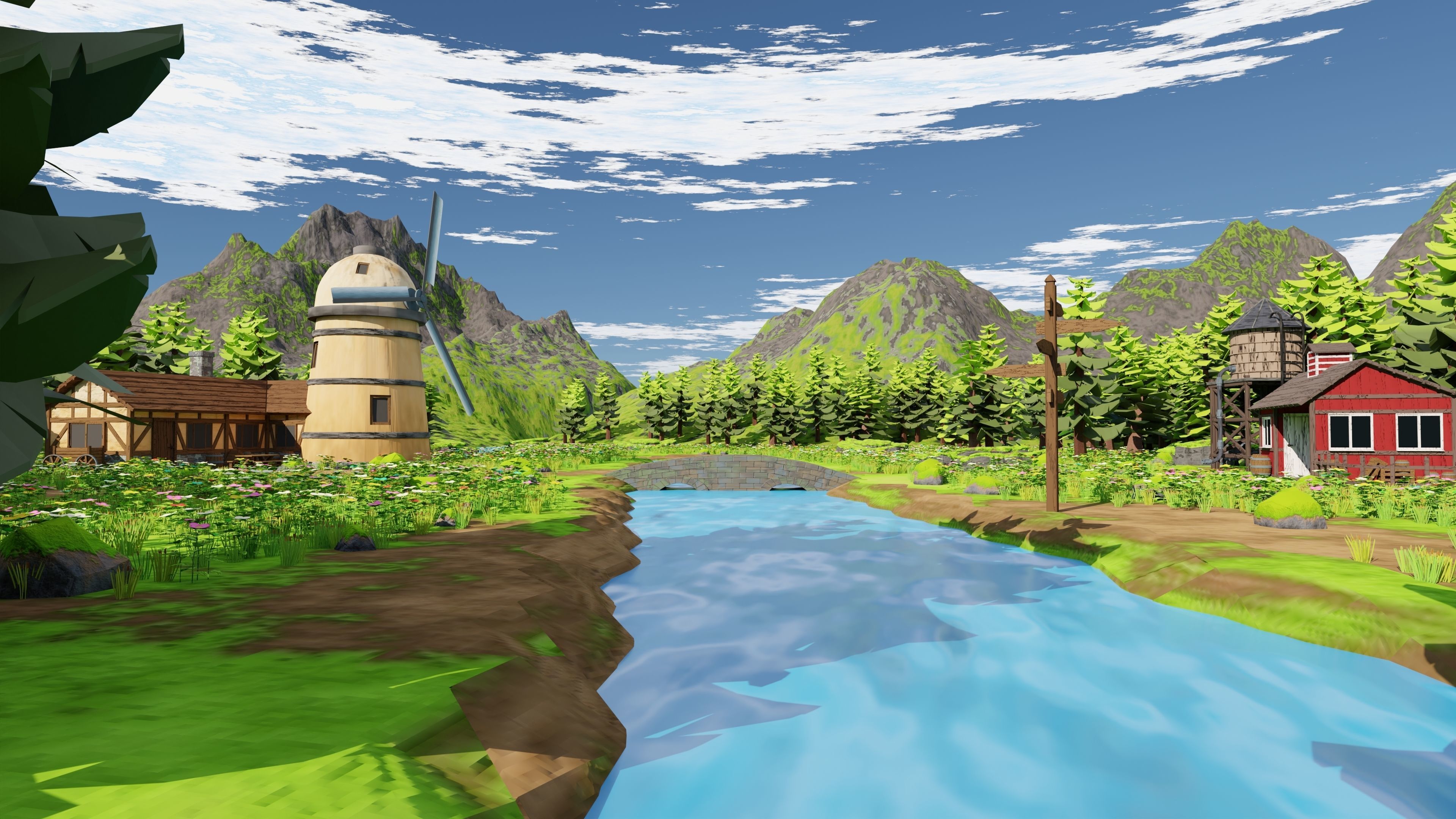 Countryside House Mill Near River 3D model_17