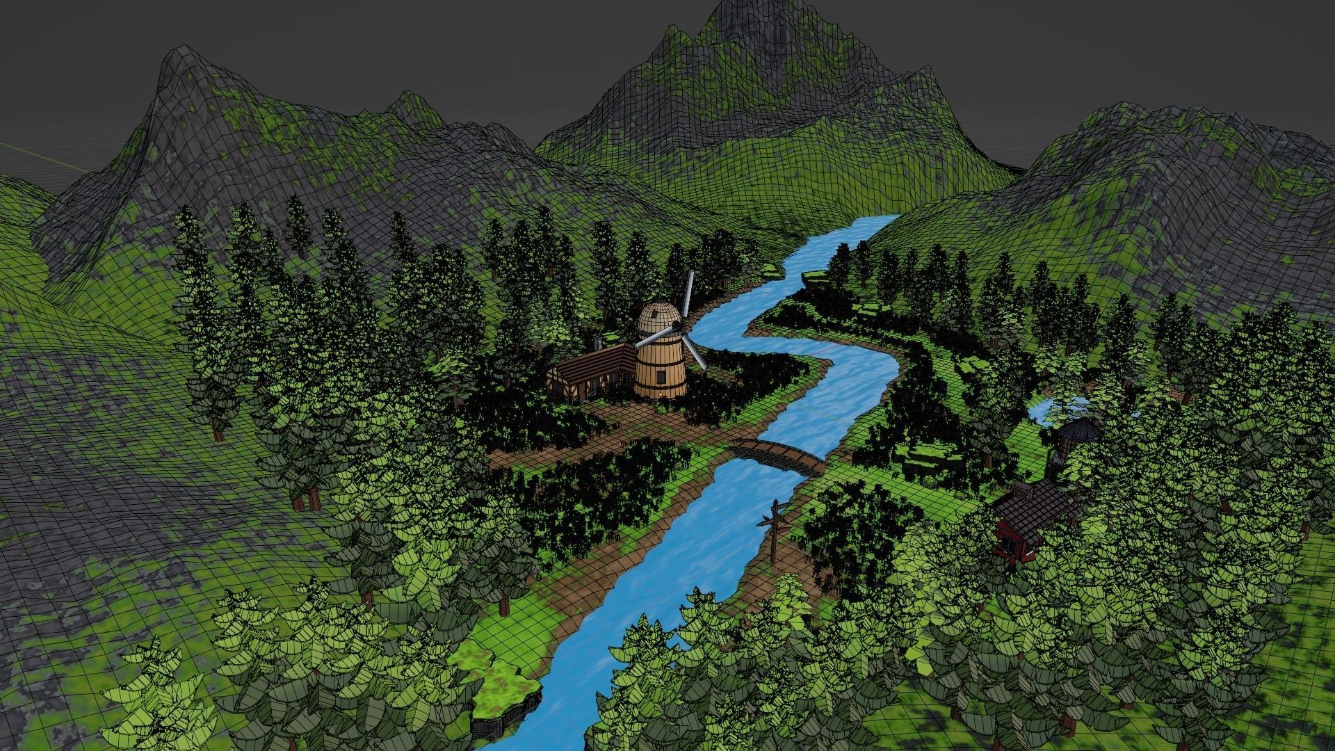 Countryside House Mill Near River 3D model_35