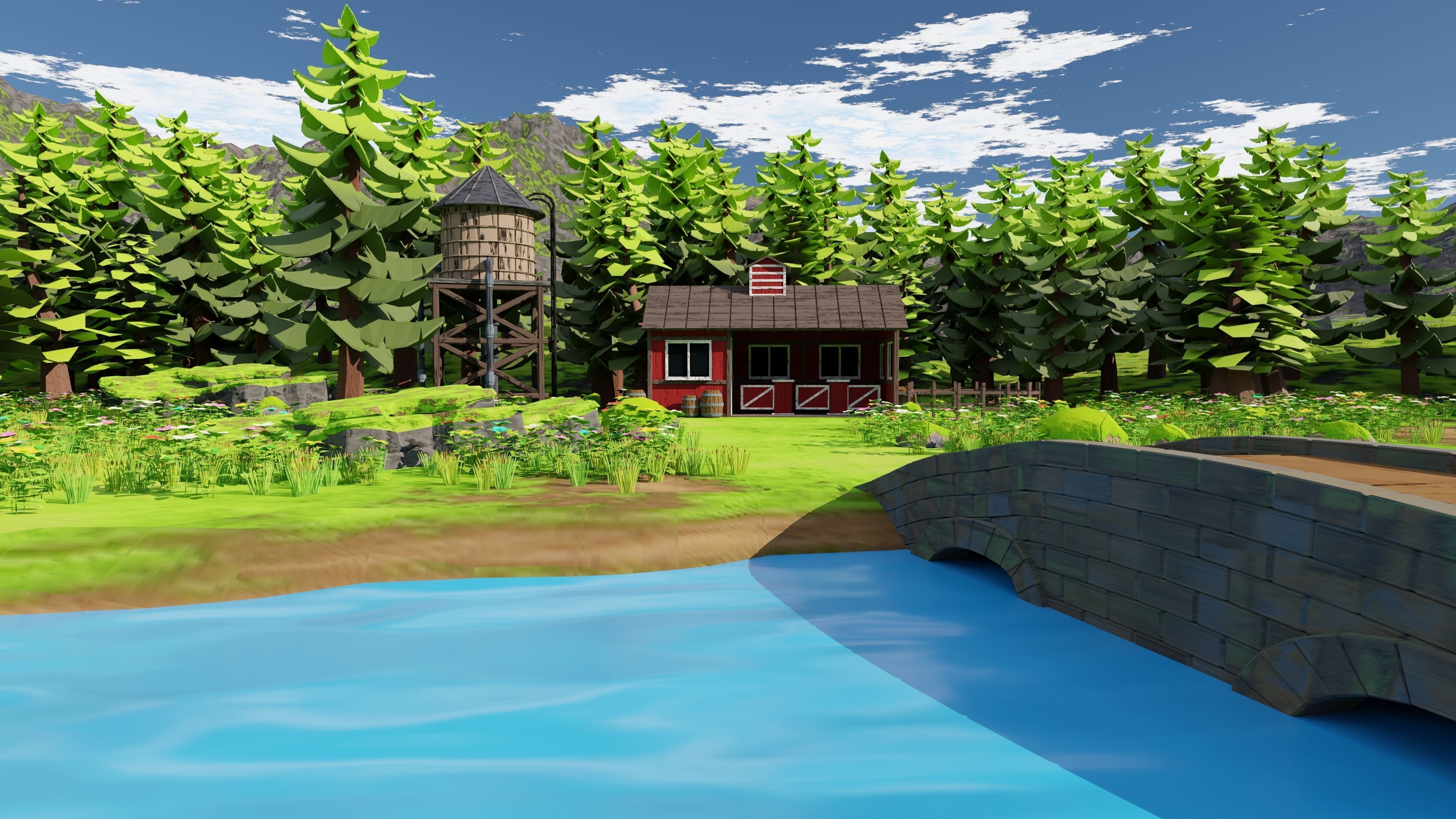 Countryside House Mill Near River 3D model_13