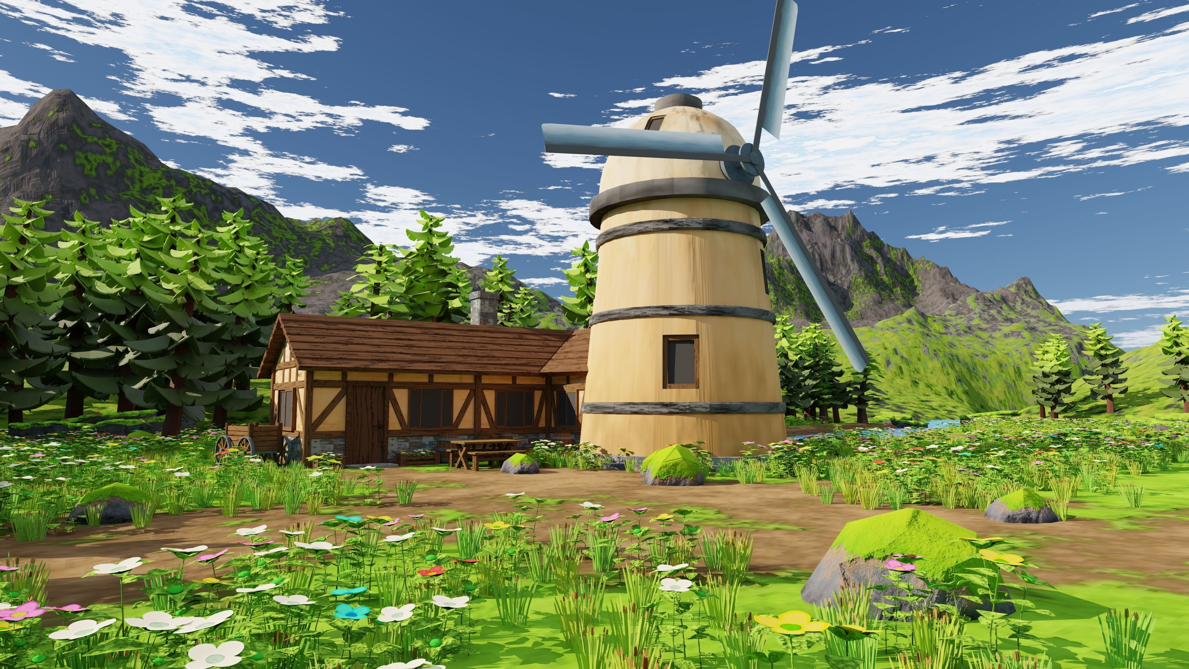 Countryside House Mill Near River 3D model_14