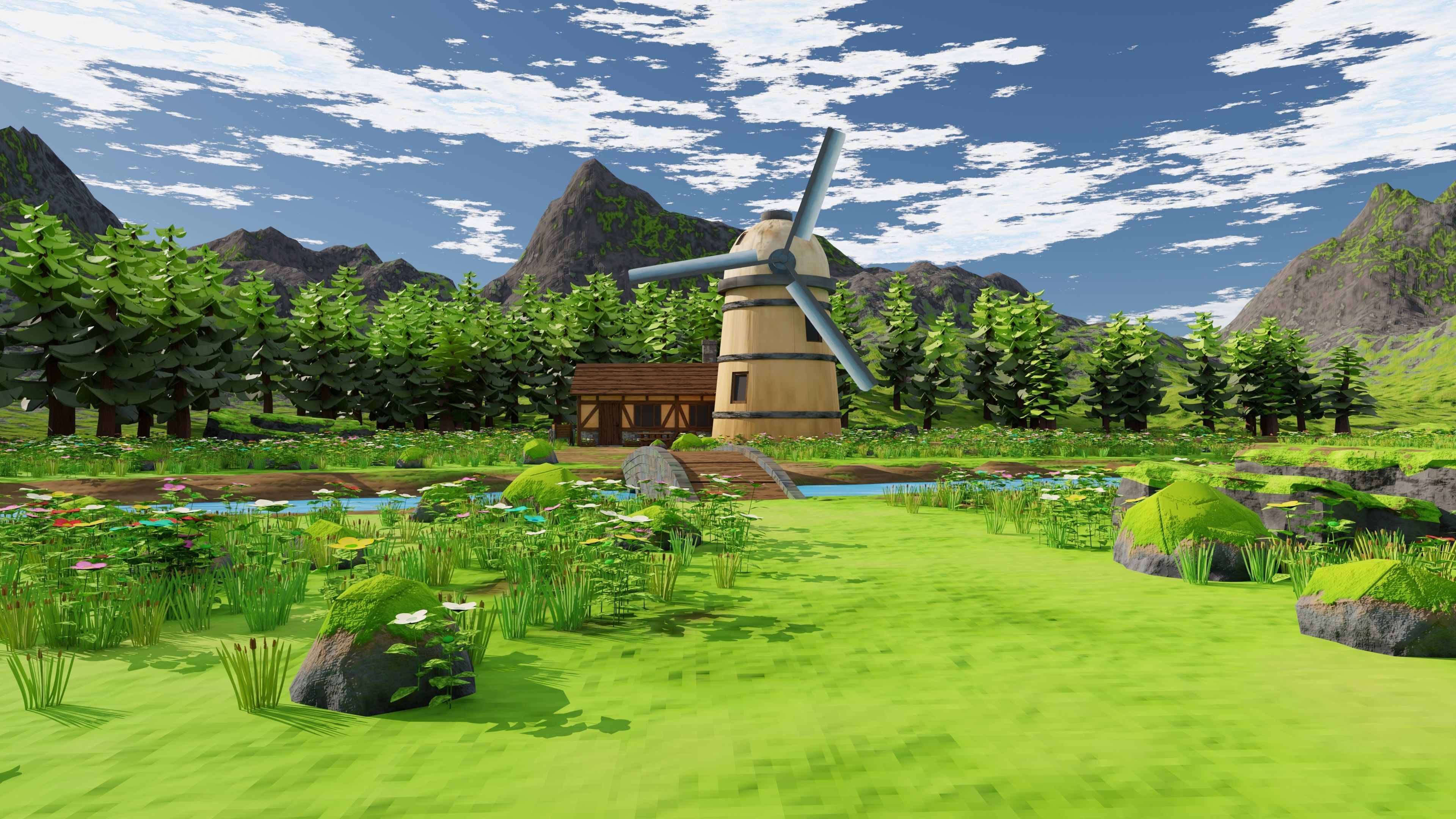 Countryside House Mill Near River 3D model_12