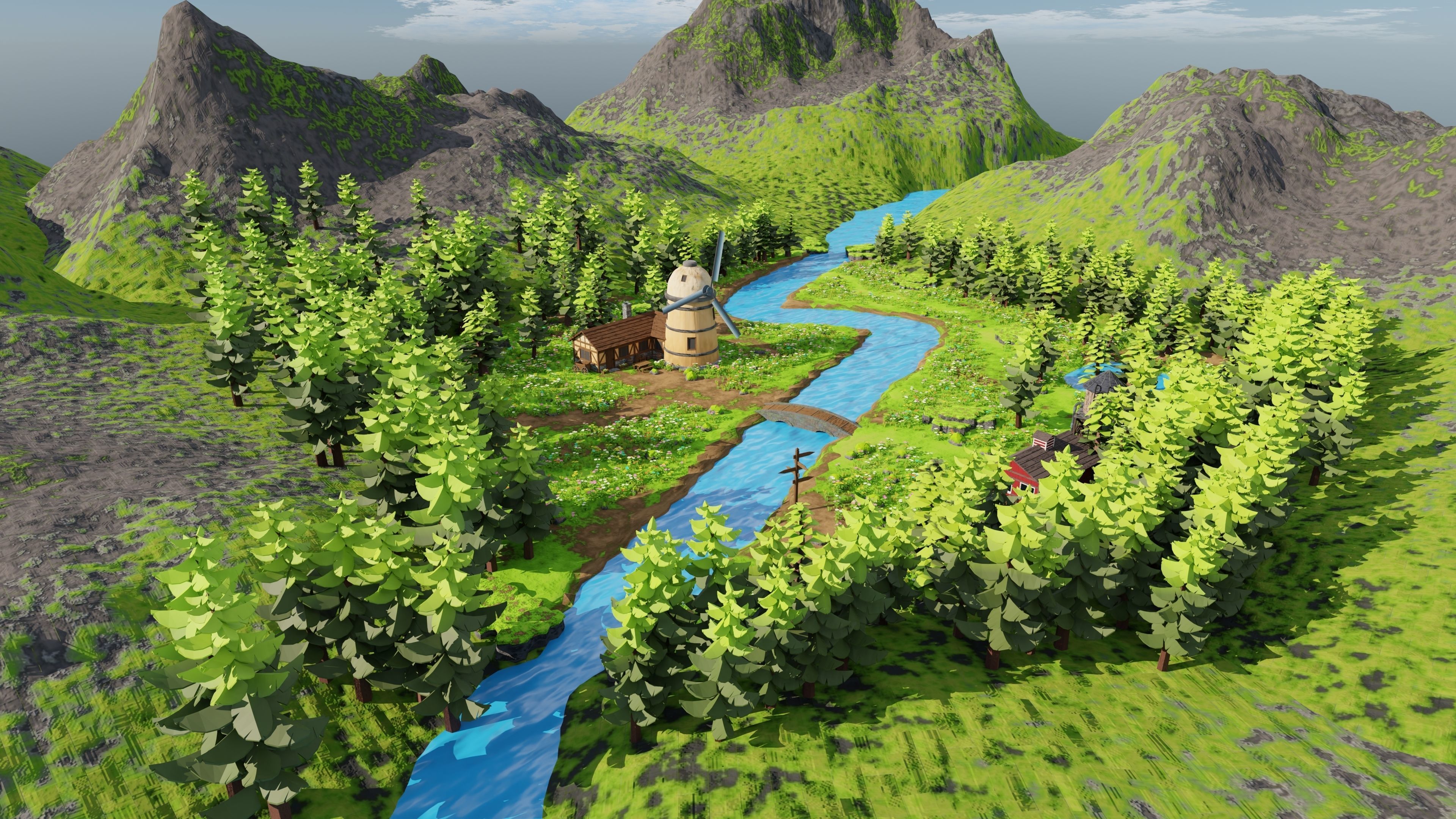 Countryside House Mill Near River 3D model_5