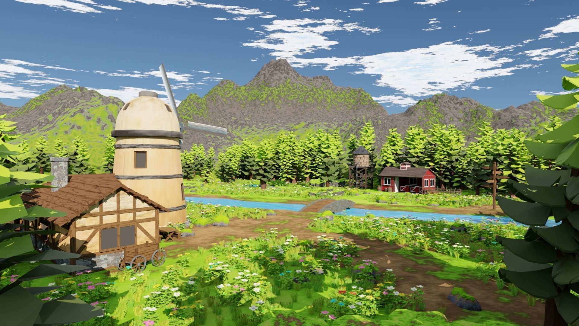 Countryside House Mill Near River 3D model_1