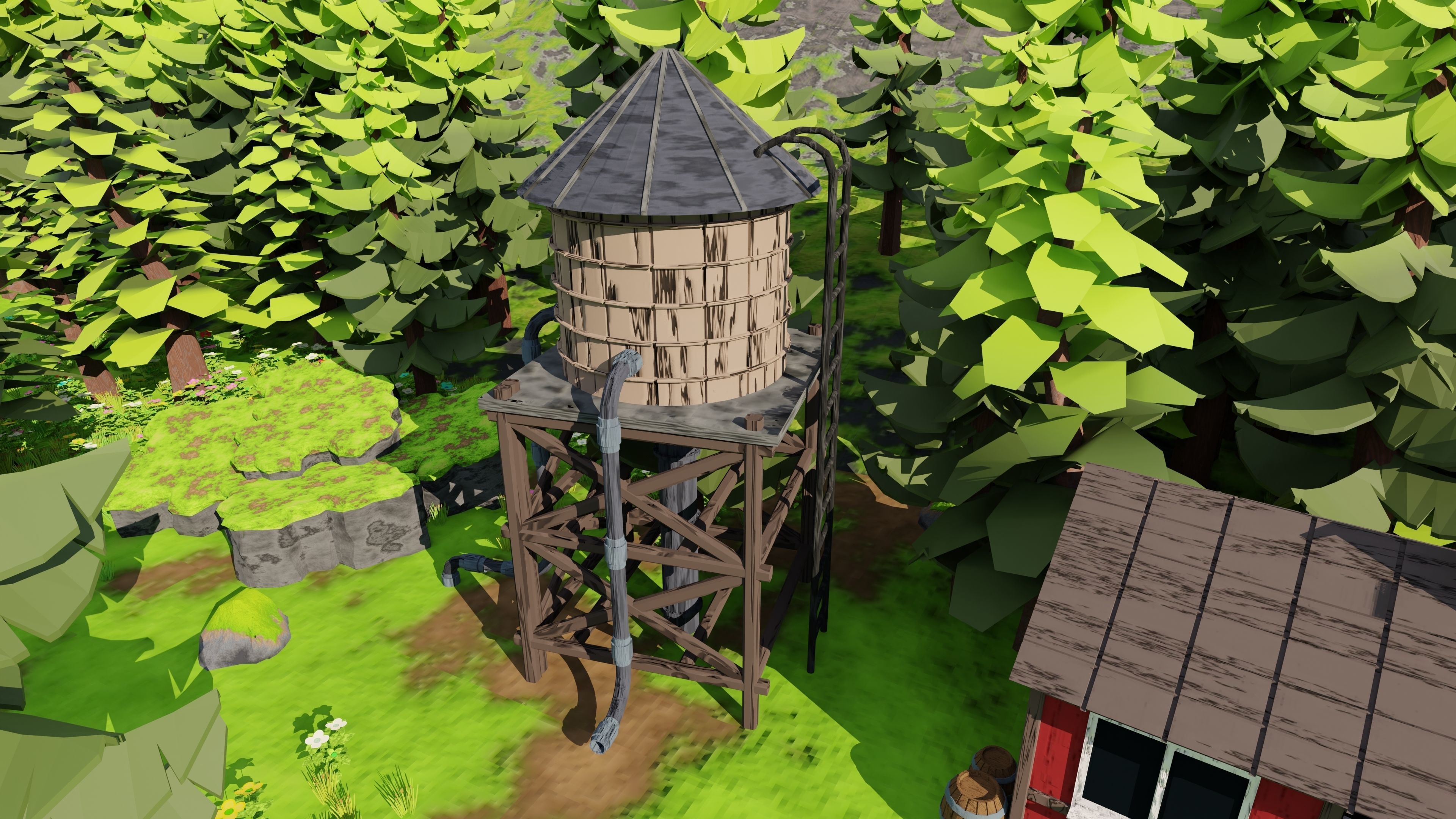 Countryside House Mill Near River 3D model_3