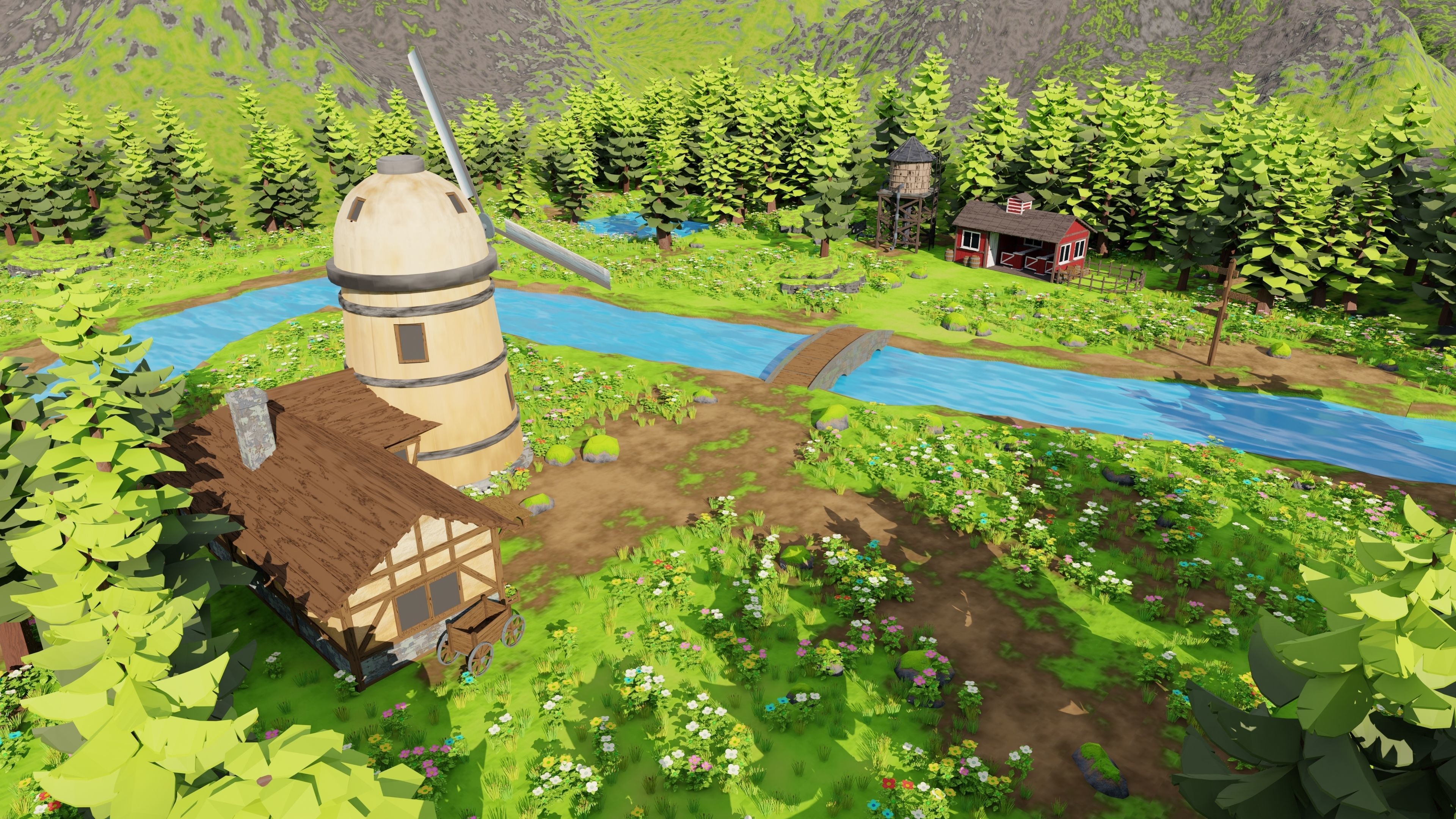 Countryside House Mill Near River 3D model_23