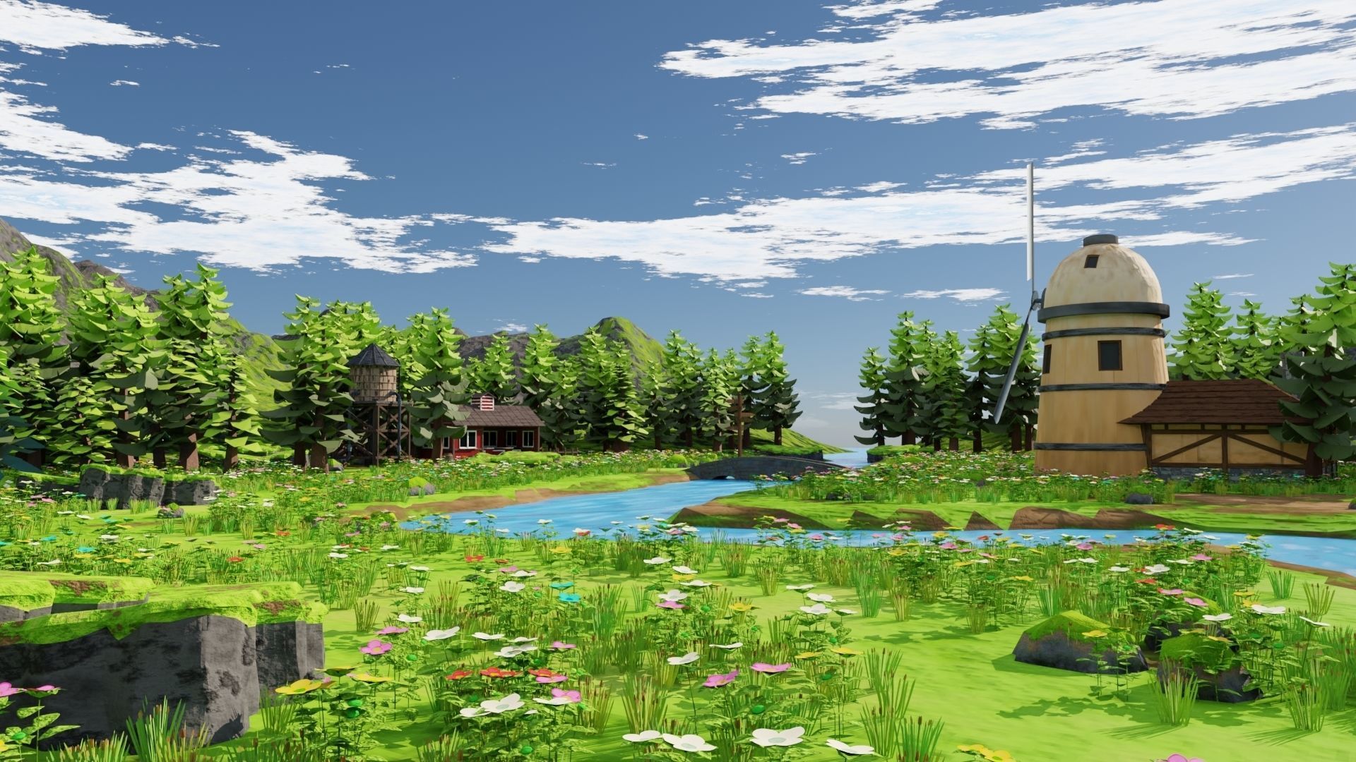 Countryside House Mill Near River 3D model_6