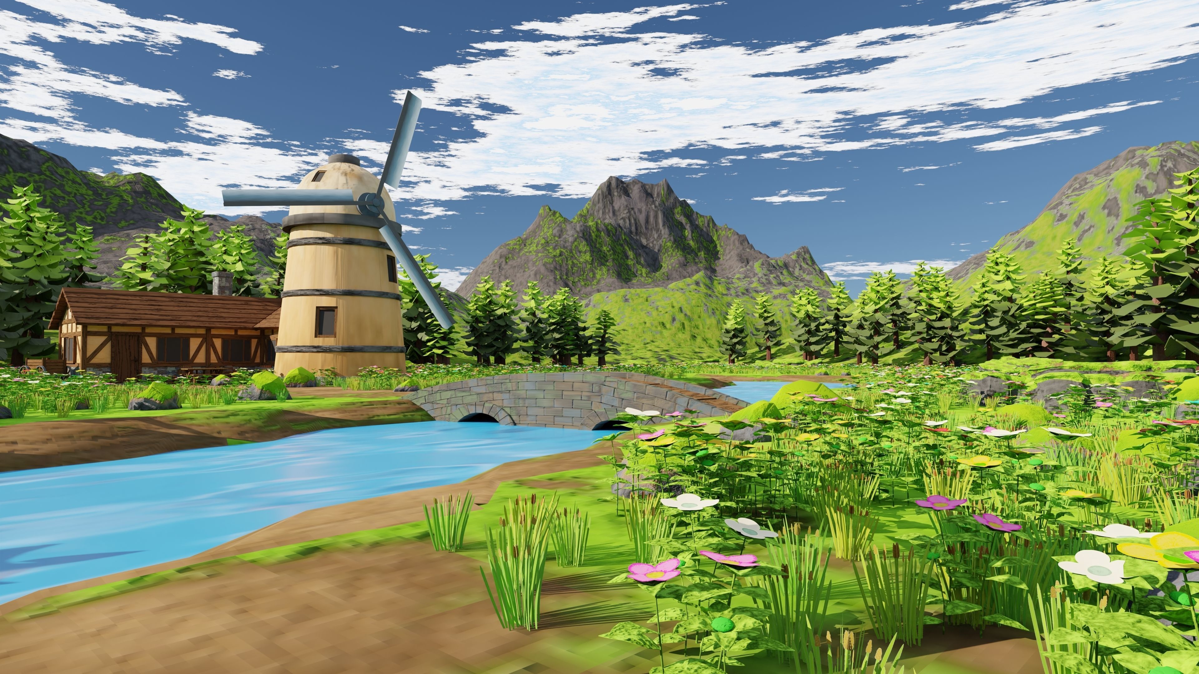 Countryside House Mill Near River 3D model_21