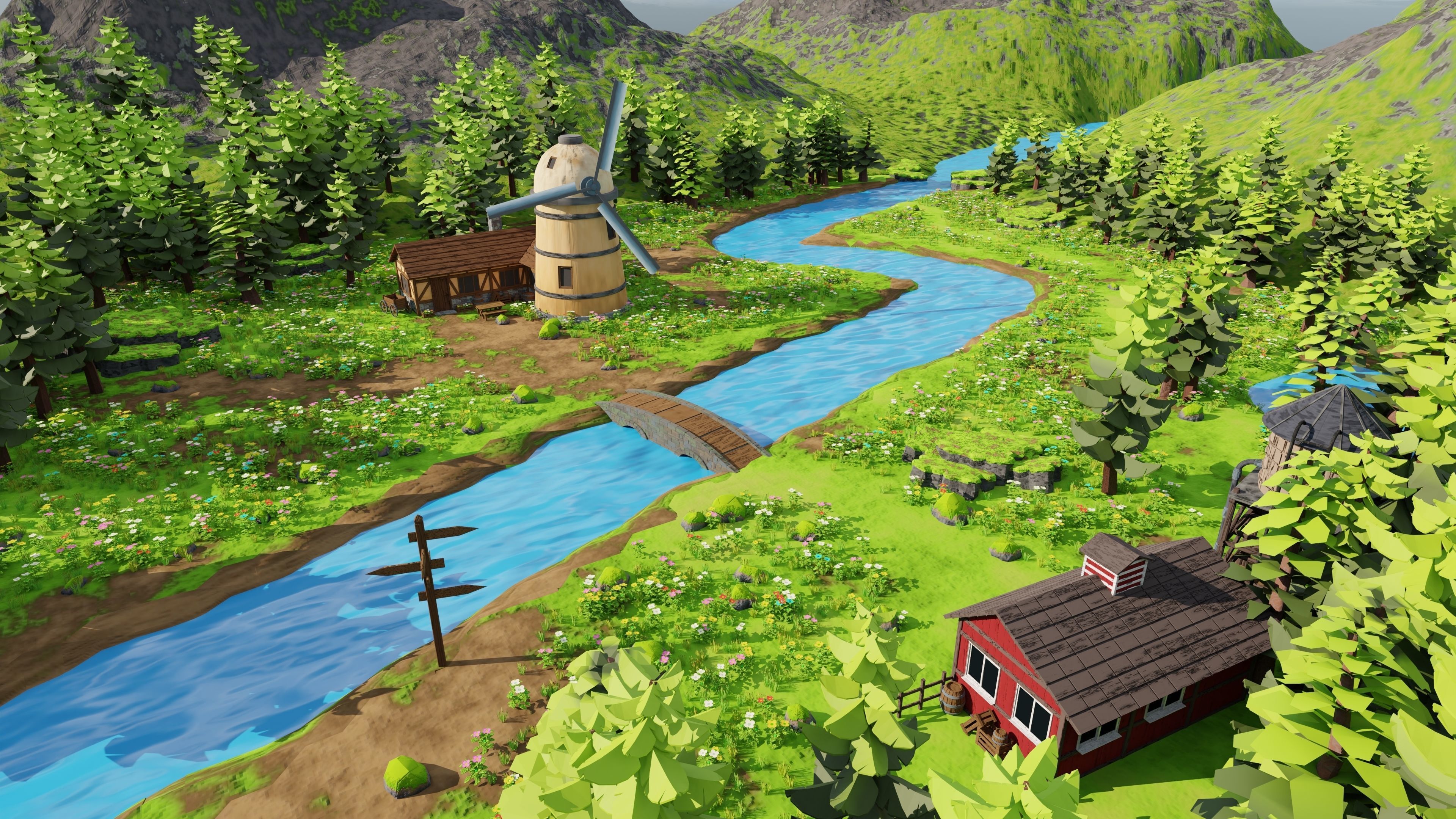 Countryside House Mill Near River 3D model_24