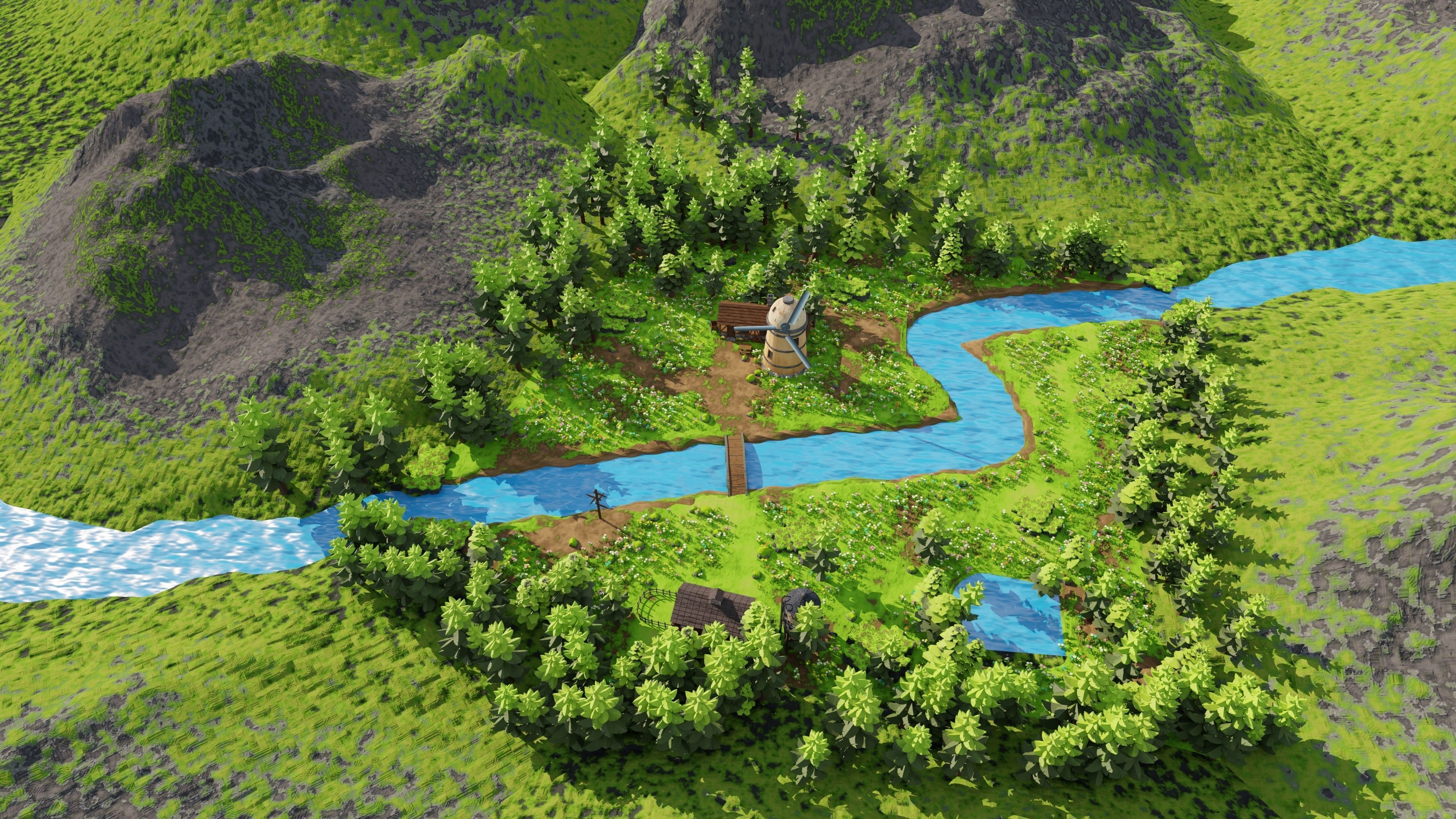 Countryside House Mill Near River 3D model_28