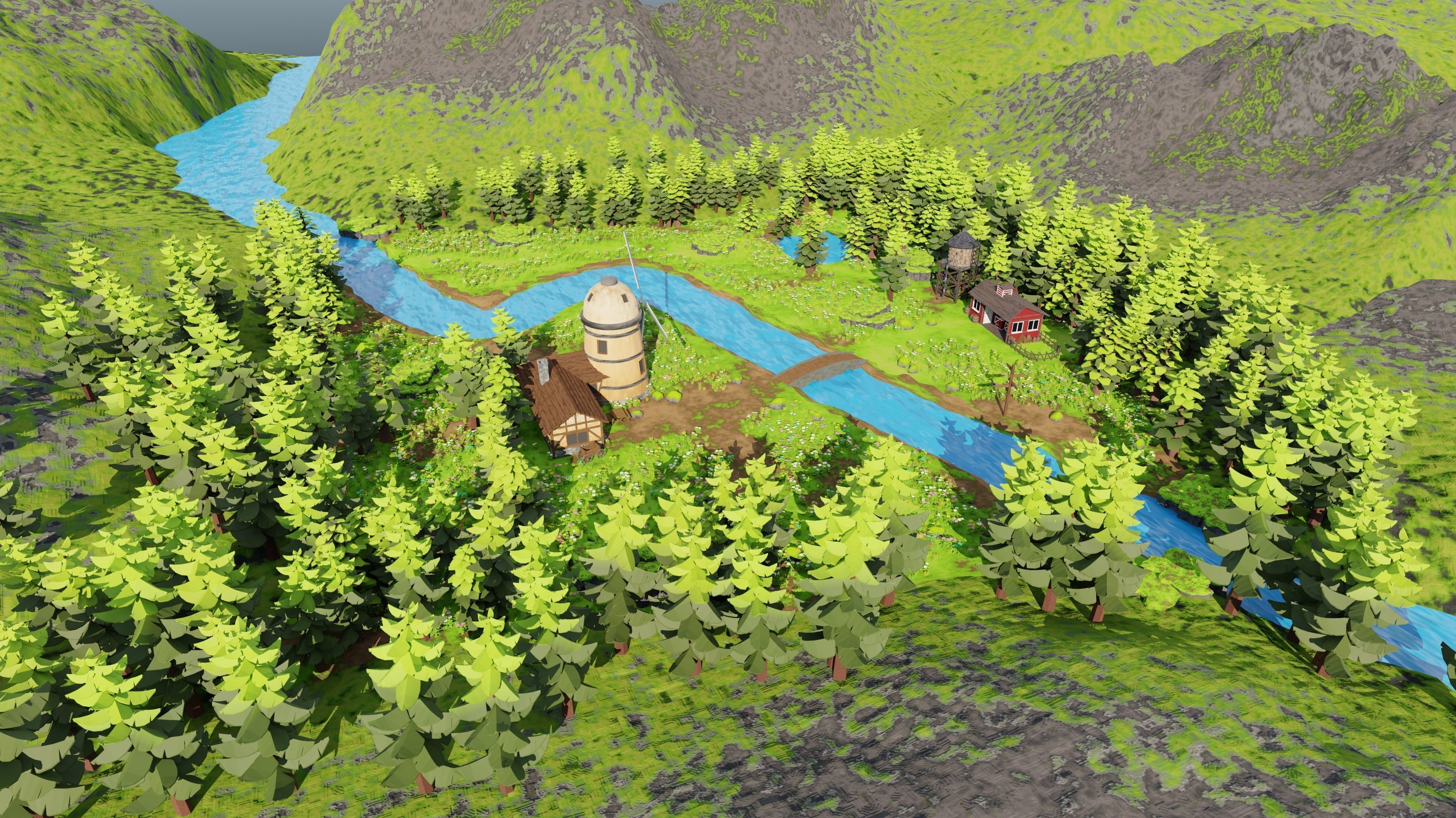 Countryside House Mill Near River 3D model_30