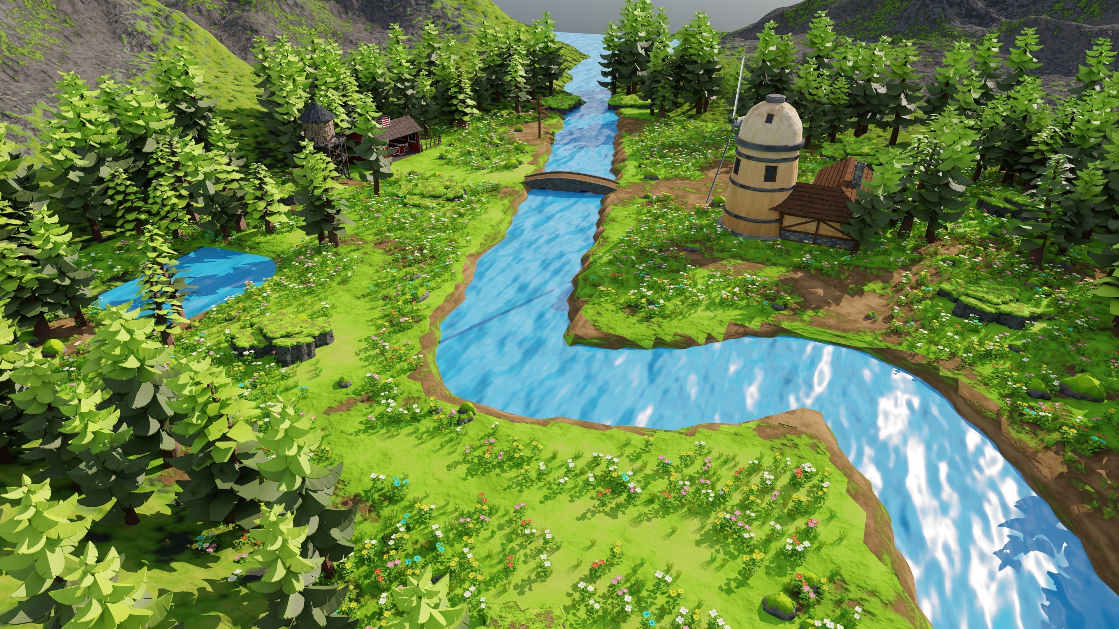 Countryside House Mill Near River 3D model_26