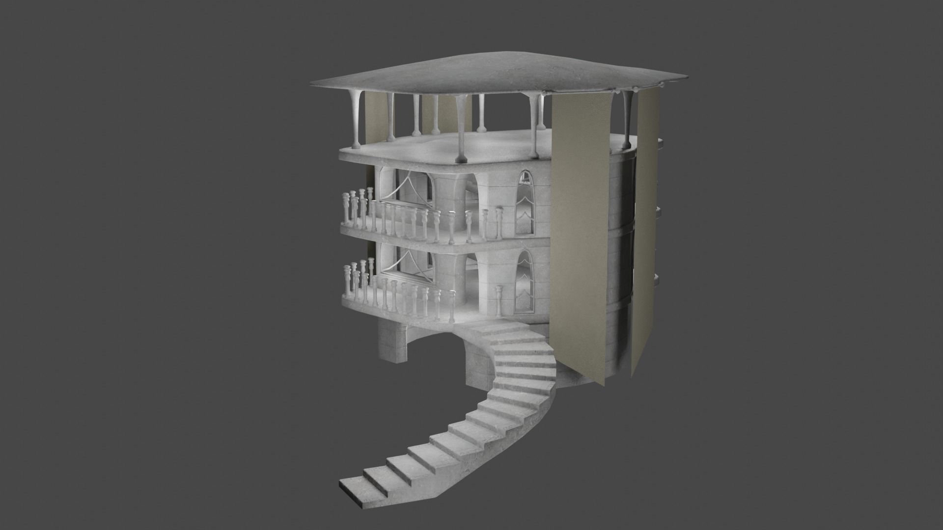 Stone house with stairs Low-poly 3D model_1