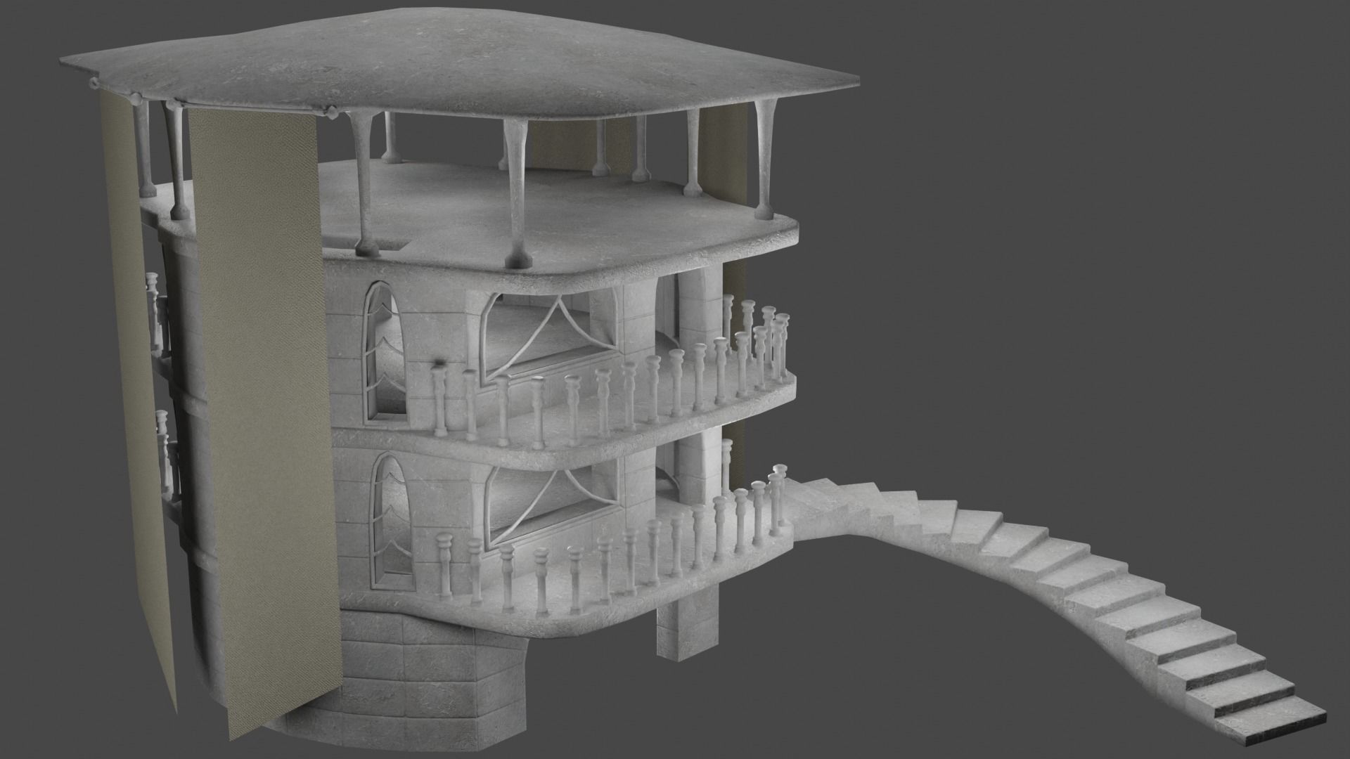 Stone house with stairs Low-poly 3D model_2