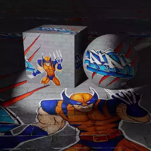 Stone Brick Wall with Wolverine Graffiti PBR Texture