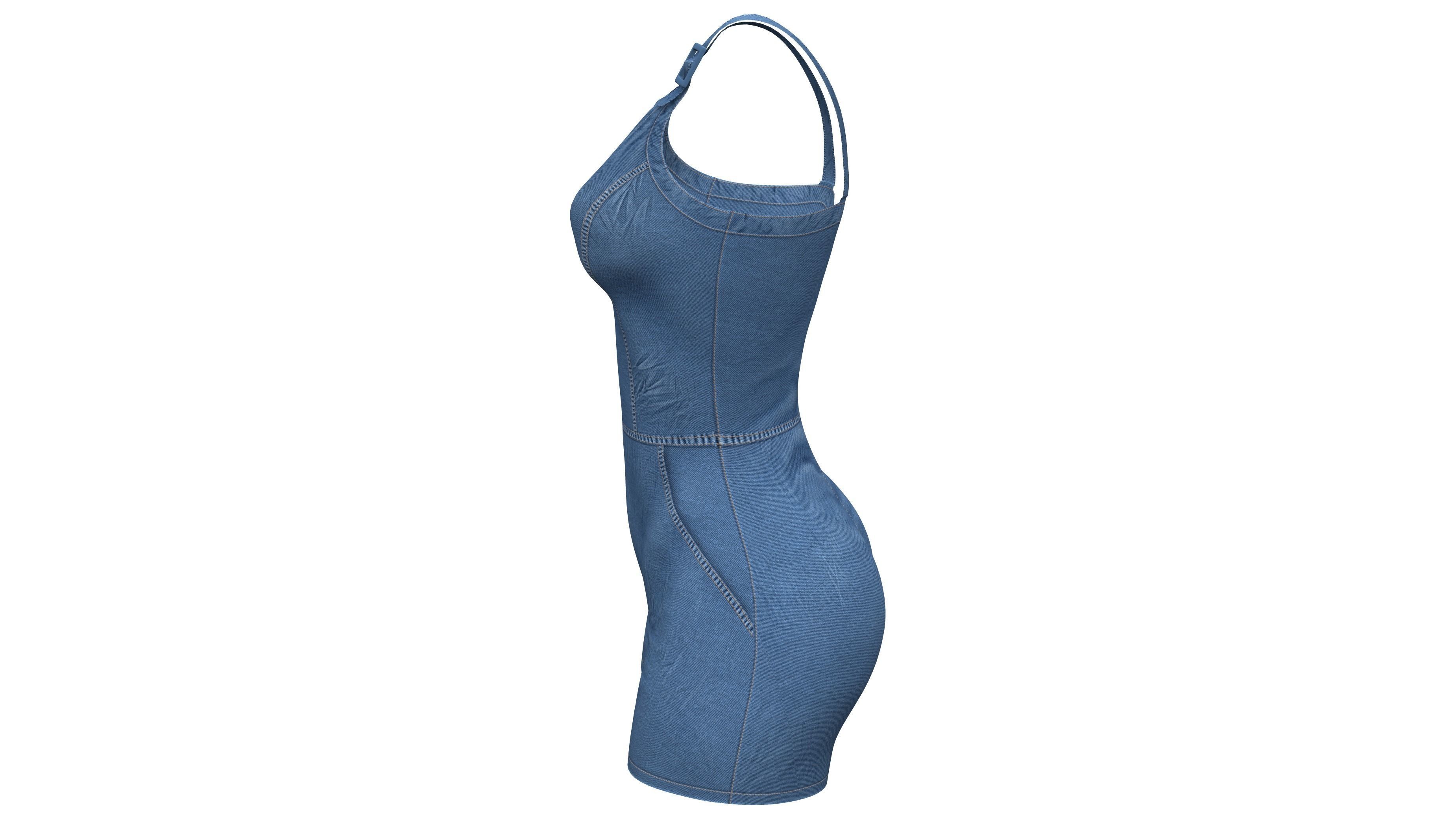 Female Denim Shorts Overalls Low-poly 3D model_4