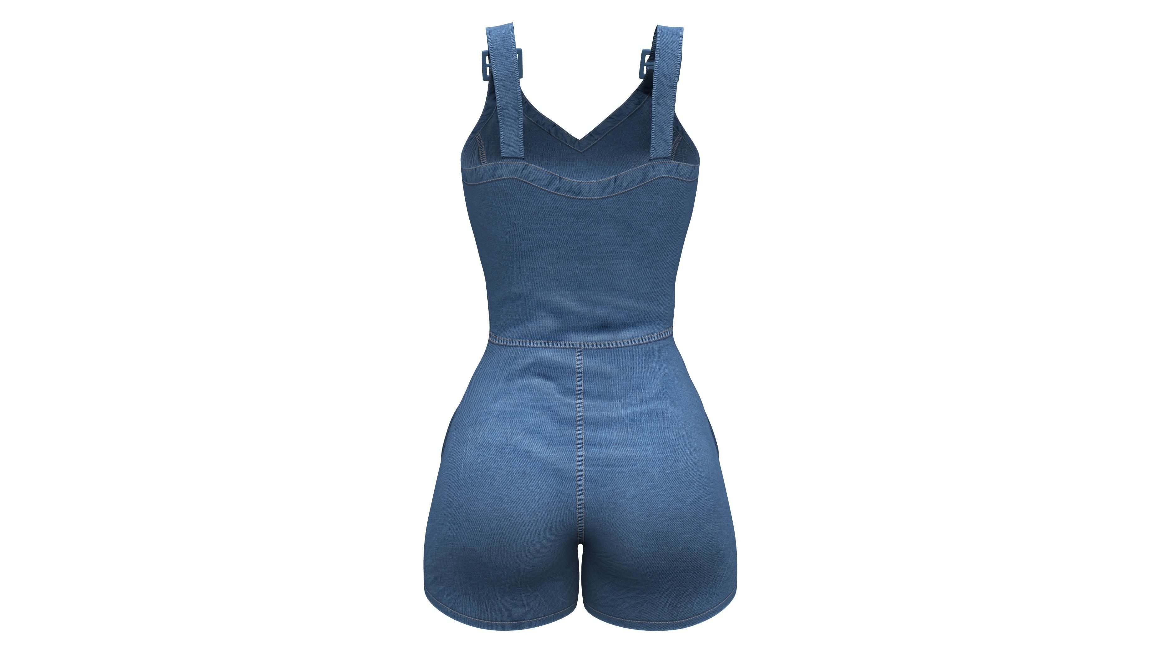 Female Denim Shorts Overalls Low-poly 3D model_5
