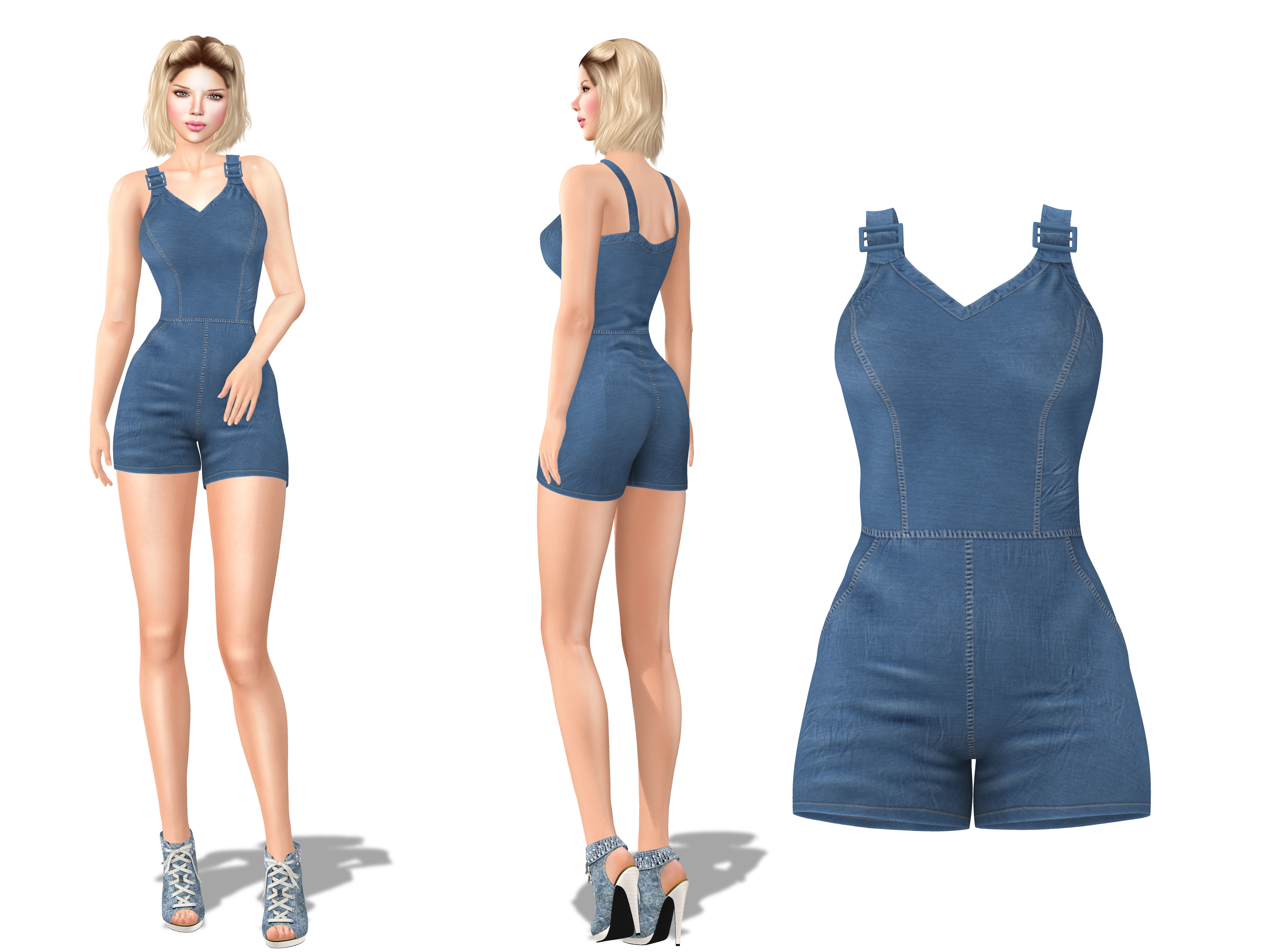 Female Denim Shorts Overalls Low-poly 3D model_2