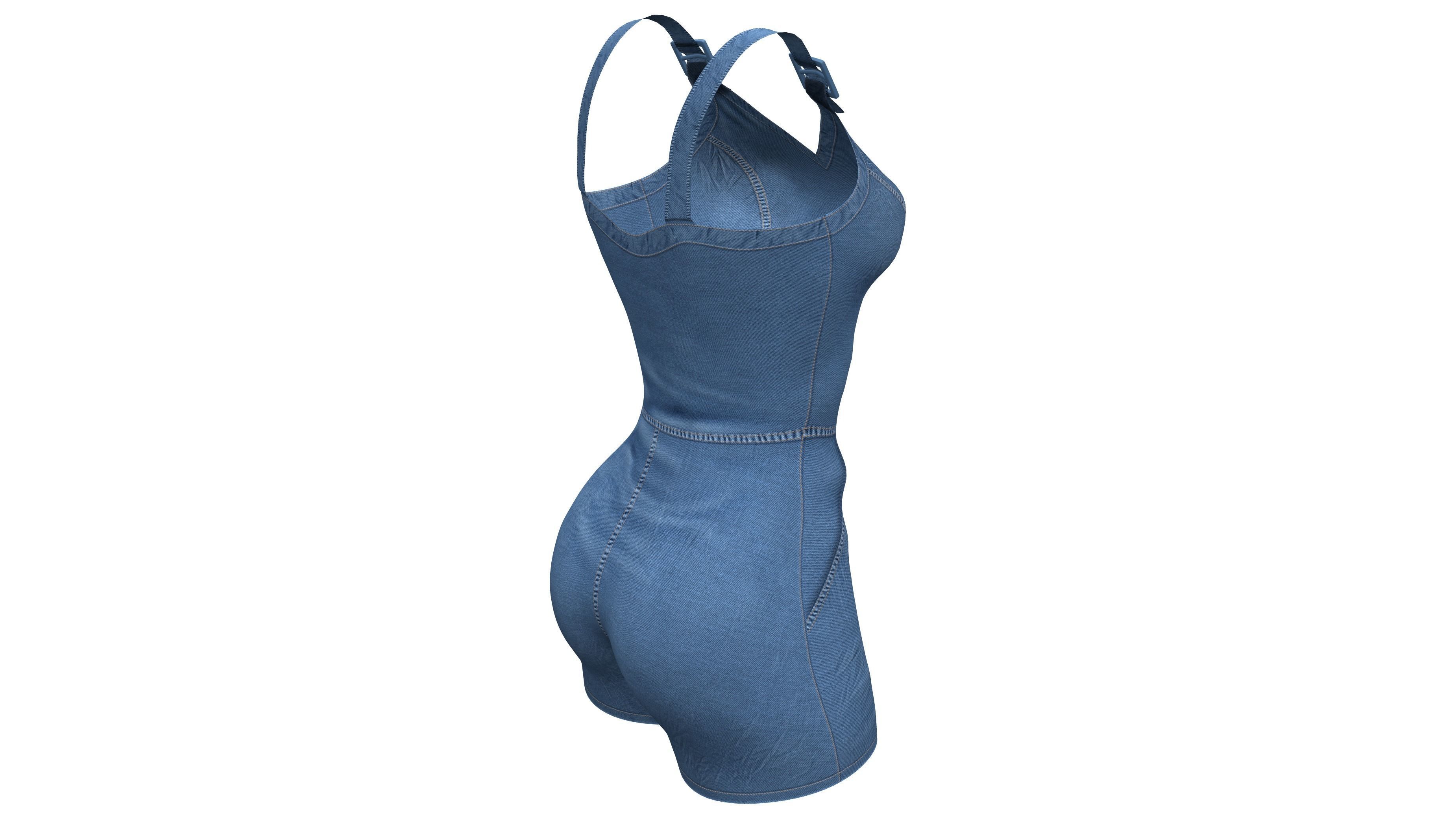 Female Denim Shorts Overalls Low-poly 3D model_6