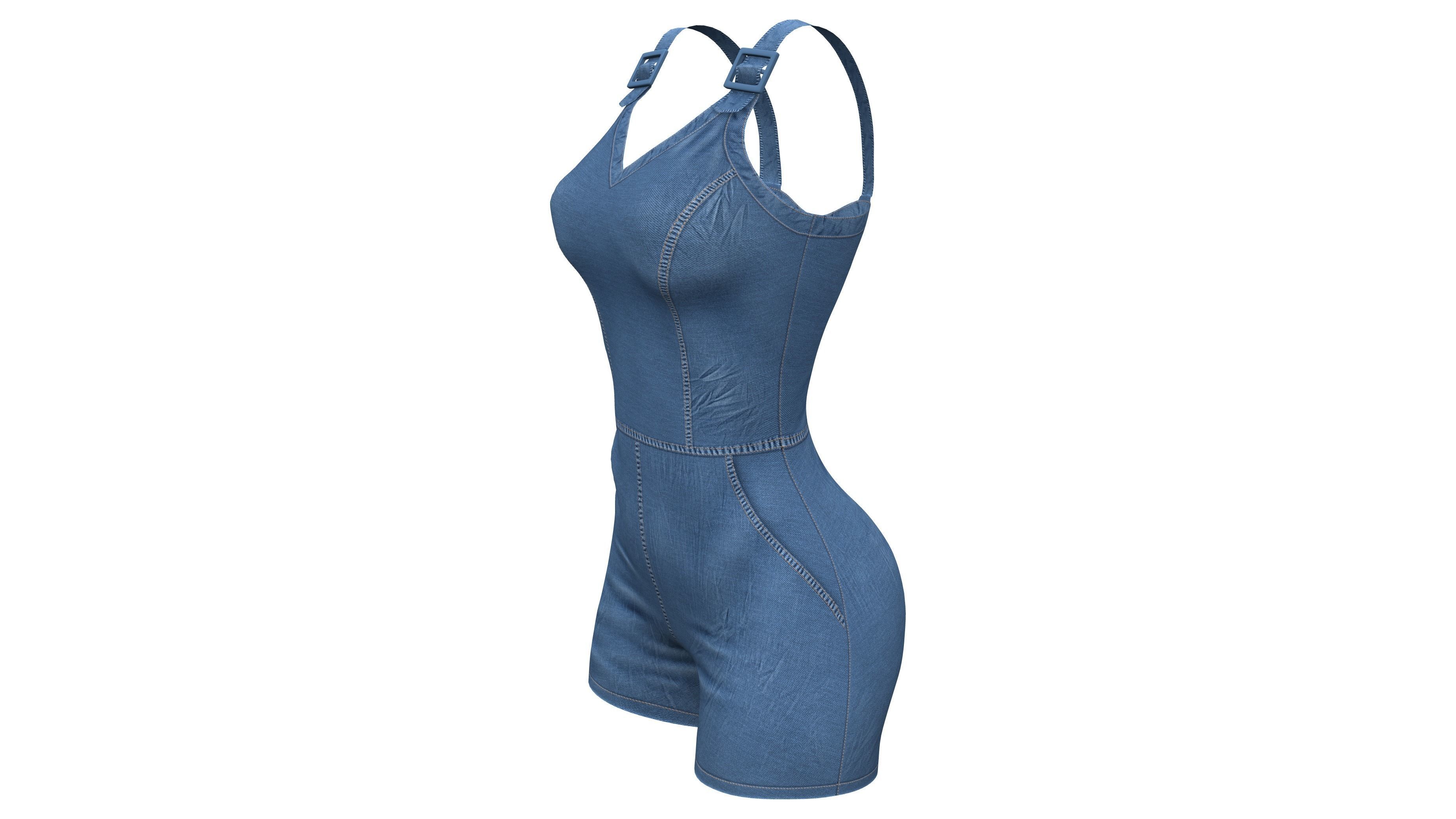 Female Denim Shorts Overalls Low-poly 3D model_3