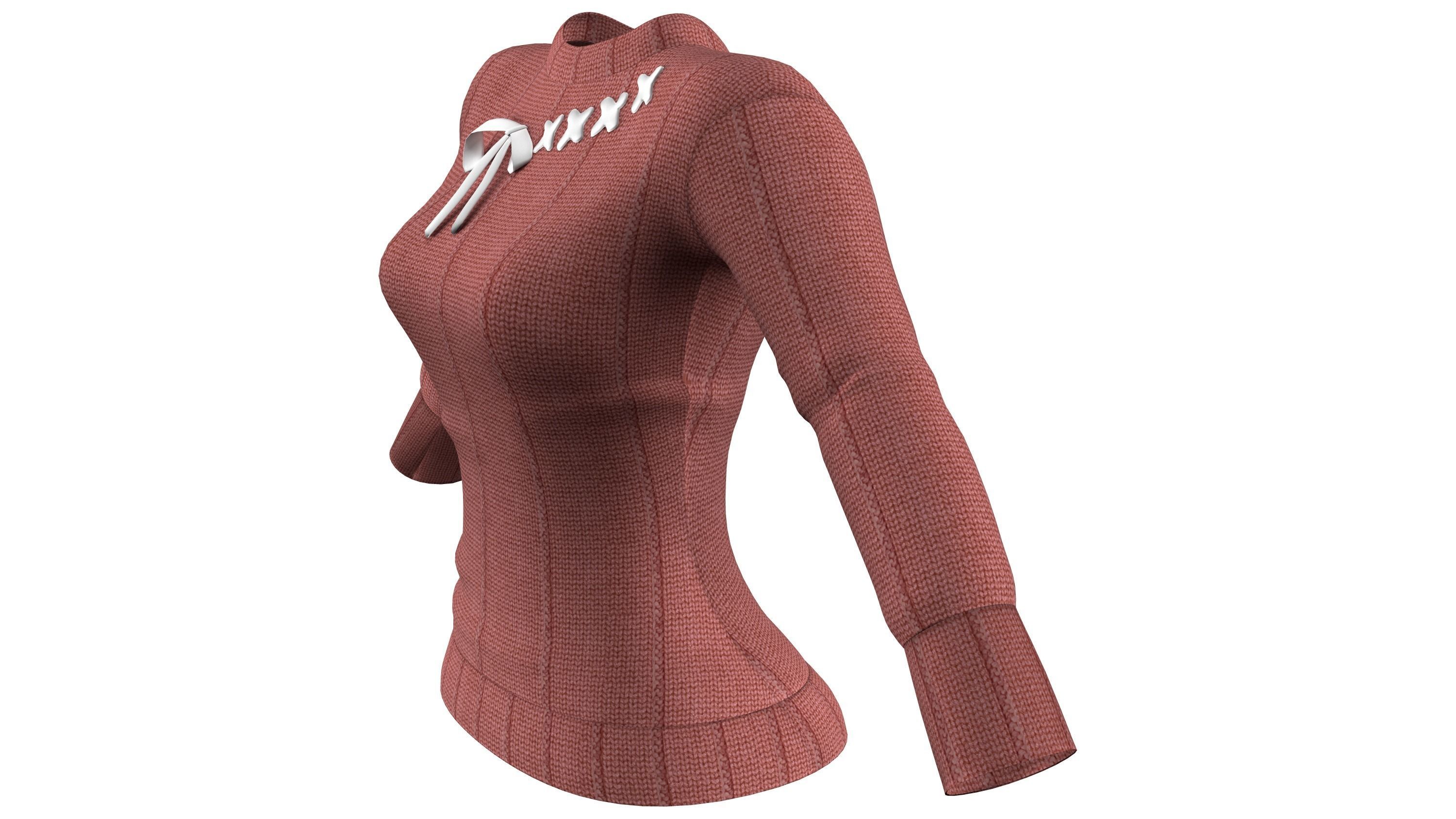 Cross Stitch Design Red Knitted Female Sweater Jumper Low-poly 3D model_2