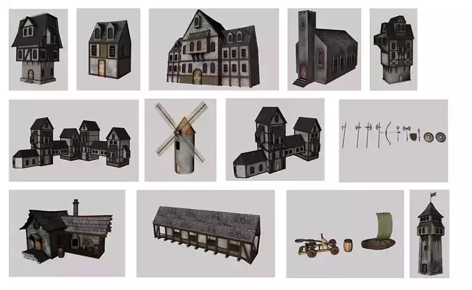 Medieval Low Poly Game Pack Buildings Weapons Low-poly 3D model