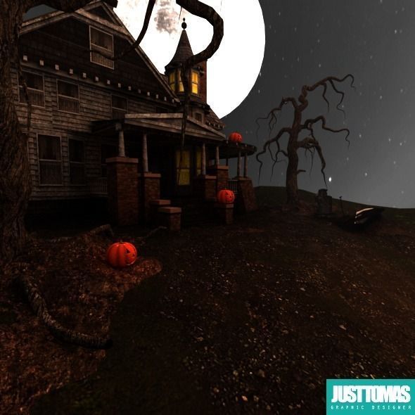 Halloween old house with porch 3D model_1