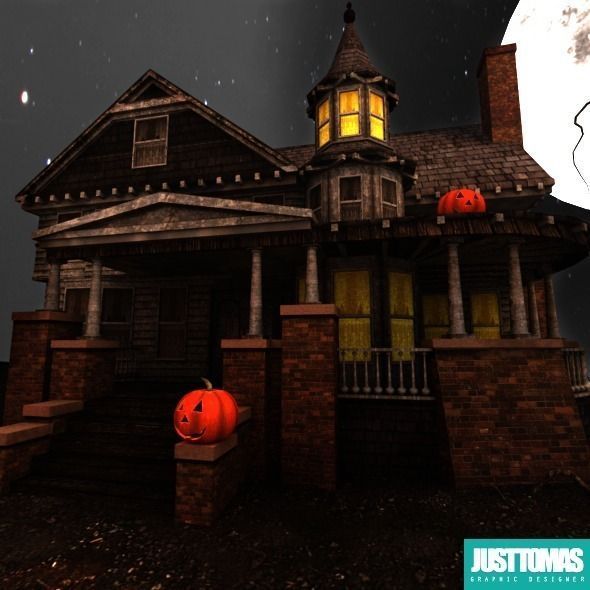 Halloween old house with porch 3D model_2