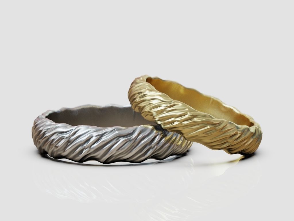 Wedding rings wavy natural shape pattern 3D print model_3