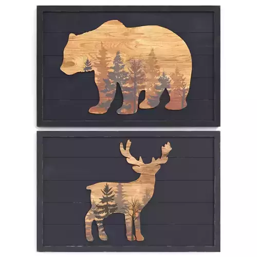 Rustic Grizzly Bear and Forest Deer Wood  Wall Decor
